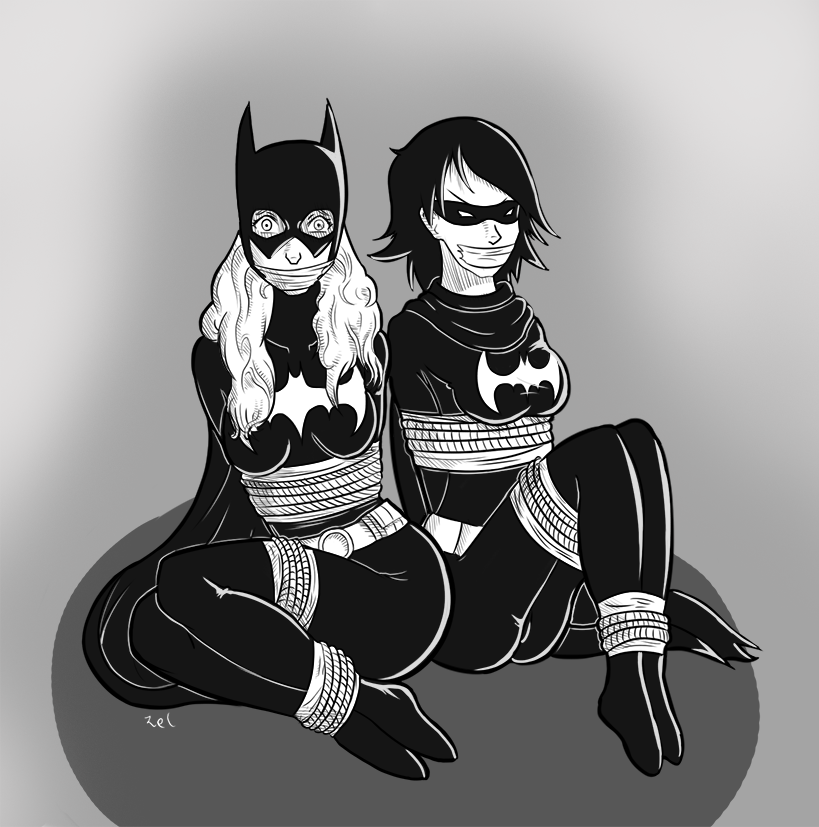 2girls batgirl batgirl_(cassandra_cain) batgirl_(stephanie_brown) batman_(series) black_and_white black_bat bondage cassandra_cain dc dc_comics female female_only femsub monochrome multiple_girls multiple_subs rope rope_bondage stephanie_brown superheroine tape_gag tied_up zelgadisgw