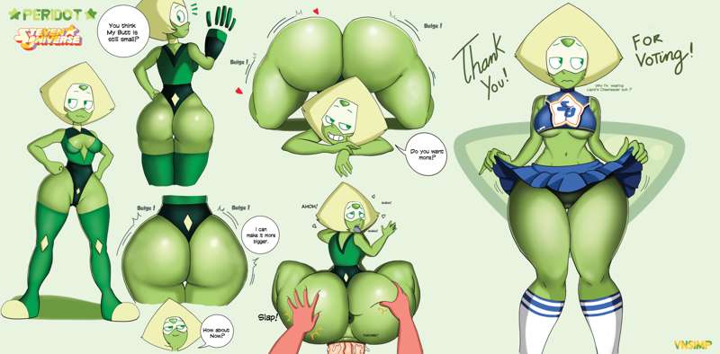 1girls, artist name, ass, ass expansion, big ass, breasts, bubble ass, bubble butt, busty, cartoon network, cheerleader uniform, eyes, female, gem (species), green body, green eyes, green skin, hips, huge ass, huge cock, humanoid, legs, low res, male, medium breasts, penis, peridot (steven universe), steven universe, thick, thick ass, thick legs, thick thighs, thighs, vn simp, wide hips