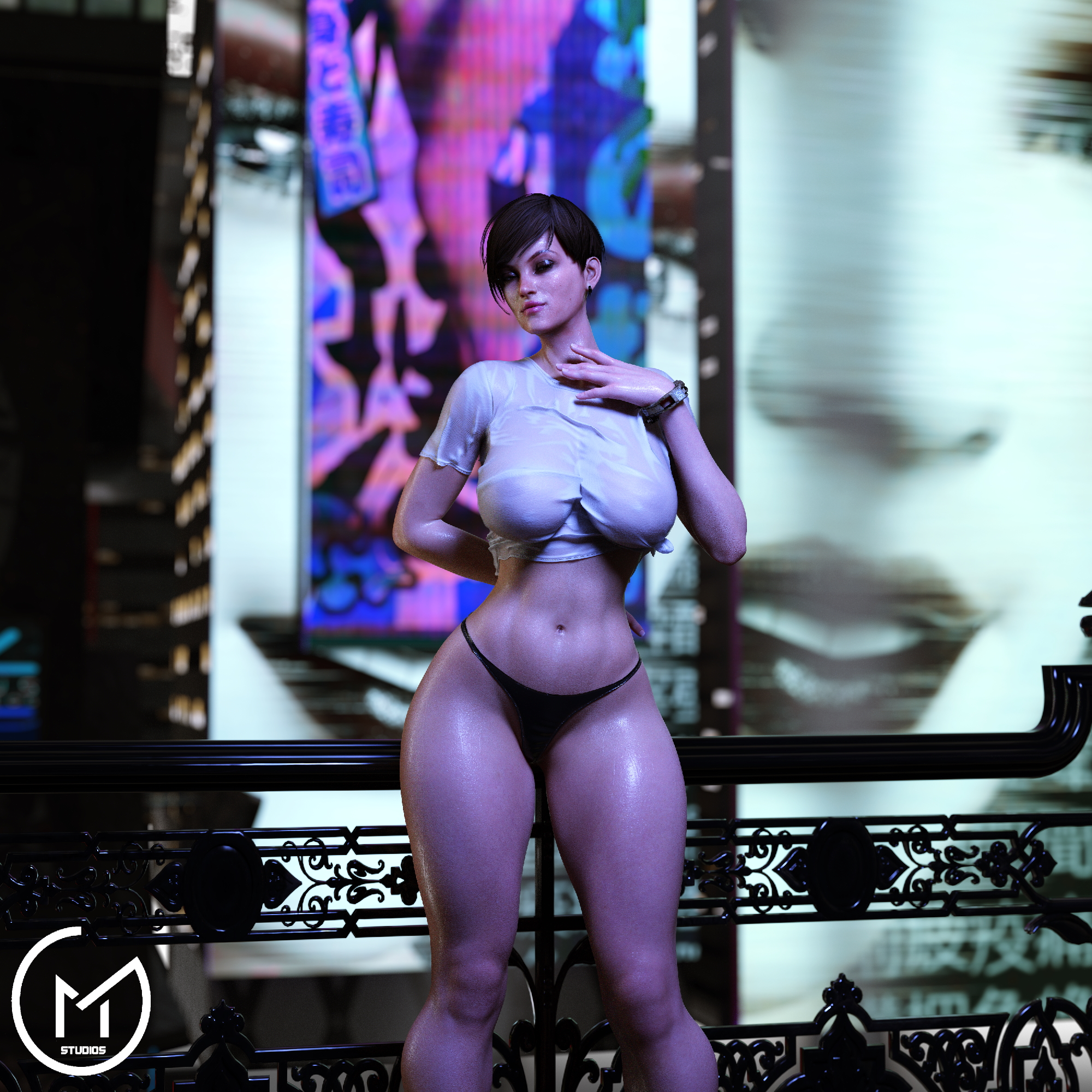 1girls, 3d, breasts, capcom, female, gm studios, large breasts, moira burton, resident evil, resident evil revelations 2, see-through, short hair, thick thighs, thong, tight clothing, wet shirt