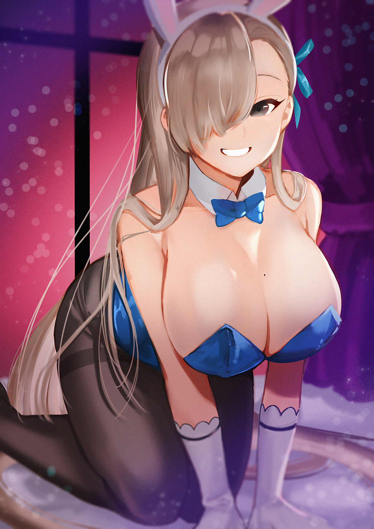 1girls, 2021, all fours, animal ears, asuna (blue archive), asuna (bunny) (blue archive), bangs, bare shoulders, blue archive, blue leotard, blush, breasts, brown legwear, bunny ears, cleavage, detached collar, elbow gloves, fake animal ears, female, female focus, female only, gloves, grey eyes, grin, hair over one eye, highleg, highleg leotard, highres, large breasts, leotard, light brown hair, long hair, looking at viewer, mole, mole on breast, pantyhose, playboy bunny, smile, solo, solo female, thighs, white gloves, wu lu (itsuka)