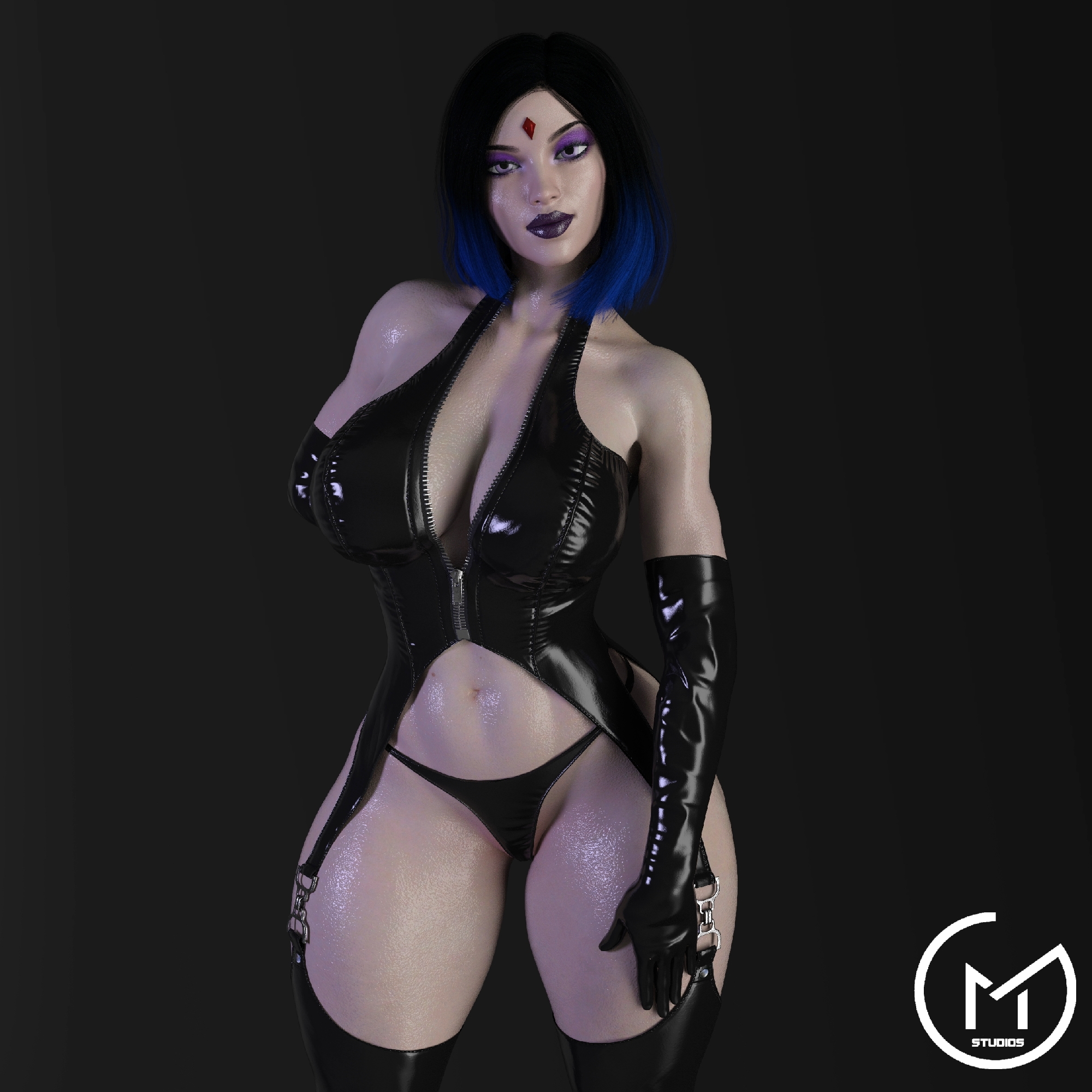 1girls, 3d, big breasts, breasts, dc, dc comics, elbow gloves, female, female only, gloves, gm studios, large breasts, lingerie, rachel roth, raven (dc), short hair, solo, teen titans, thick thighs, thighhighs, thong, tight clothing