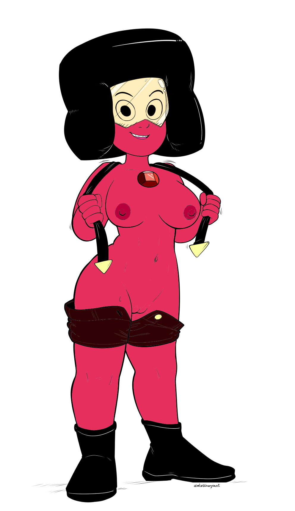 aimlessvagrant alien cartoon_network color_edit doc_(steven_universe) female gem_(species) red_skin ruby_(steven_universe) solo_female standing steven_universe undressing