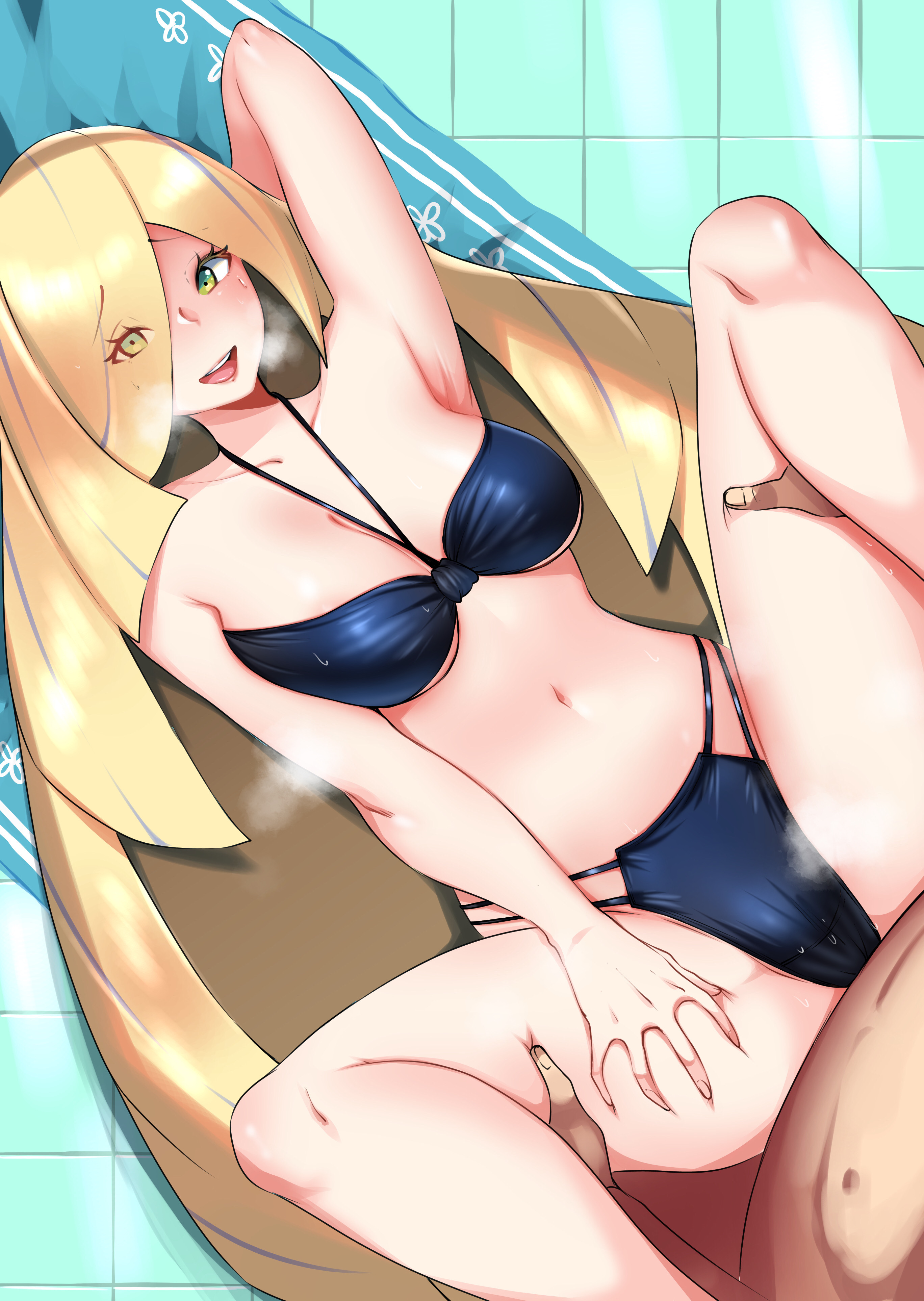 1boy, 1girls, 2022, blonde hair, breasts, faceless male, female, fucked through clothes, green eyes, hi res, hips, implied penetration, implied sex, indoors, kenron toqueen, large breasts, long hair, lusamine (pokemon), lying on back, male, mature female, milf, mother, nintendo, octoosr, penetrating pov, penetration, penetration through clothes, penetration through clothing, pokemon, pokemon sm, sex through clothes, sex through clothing, slim waist, steam, steaming body, swimsuit, thick thighs, thigh grab, thighs, through clothes, through clothing, very long hair, visible breath, wide hips