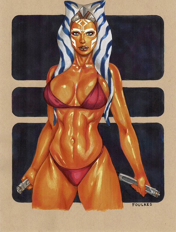 1girls ahsoka_tano alien alien_girl athletic_female big_breasts bikini blue_eyes chris_foulkes female female_only fully_clothed large_breasts lekku lightsaber navel orange_skin panties revealing_clothes solo standing star_wars star_wars_rebels swimsuit togruta