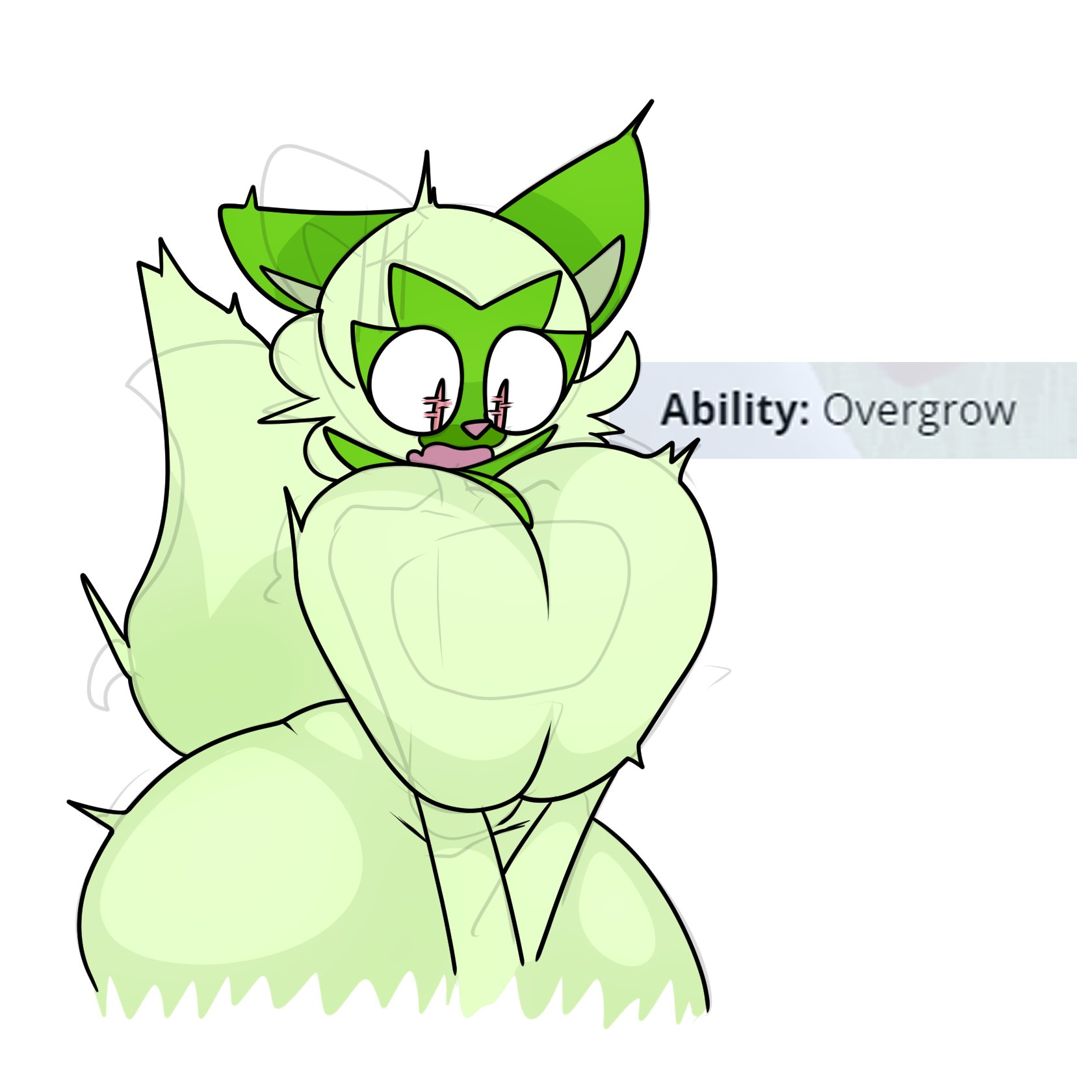 anthro, breast expansion, breast squish, breasts, breasts bigger than head, bubbled spiral, feline, female, game freak, gameplay mechanics, green fur, hyper, nintendo, open mouth, pokemon, pokemon ability, pokemon sv, sprigatito, text, thick thighs, white background, wide hips