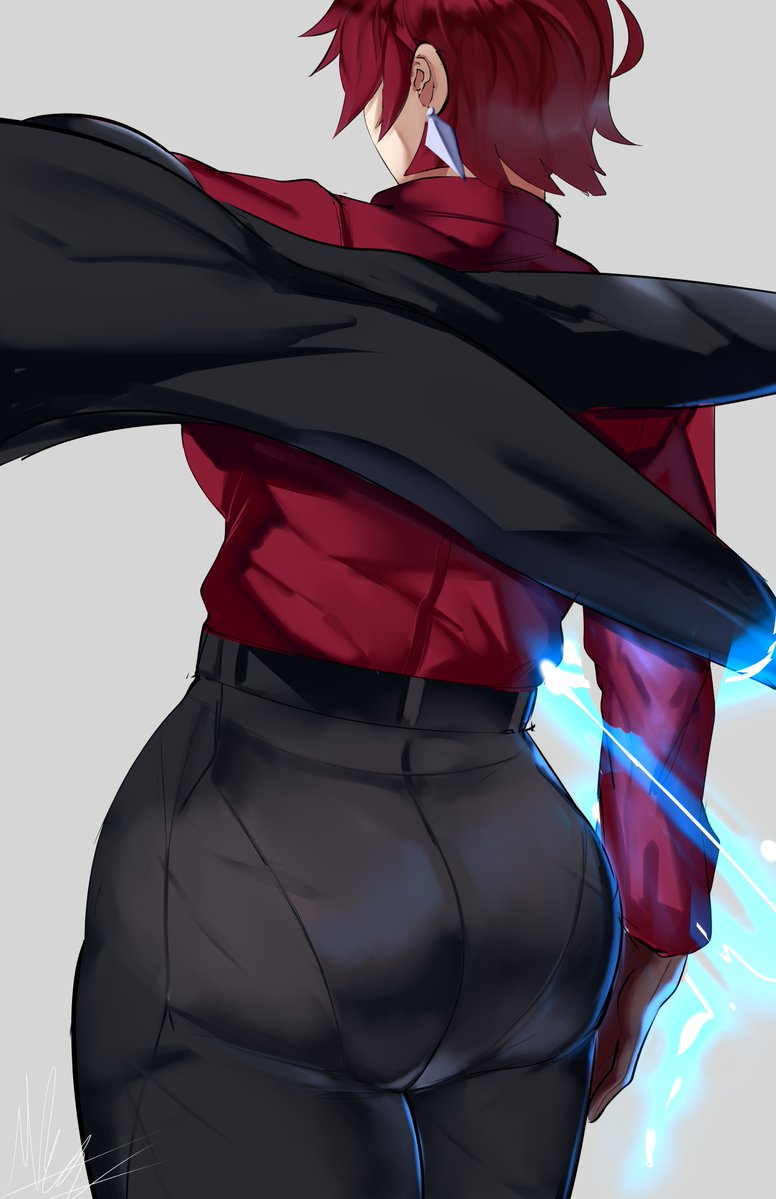 1girls 2022 alter_ego bazett_fraga_mcremitz belt big_ass big_butt breasts digital_media_(artwork) earrings fate/grand_order fate/hollow_ataraxia fate/stay_night fate_(series) female female_only fully_clothed hidden_face human long_sleeves michael_lavacca pale-skinned_female pale_skin pants puzzled_artist rear_view red_hair shaded shirt short_hair solo solo_female standing suit suit_jacket tight_pants type-moon