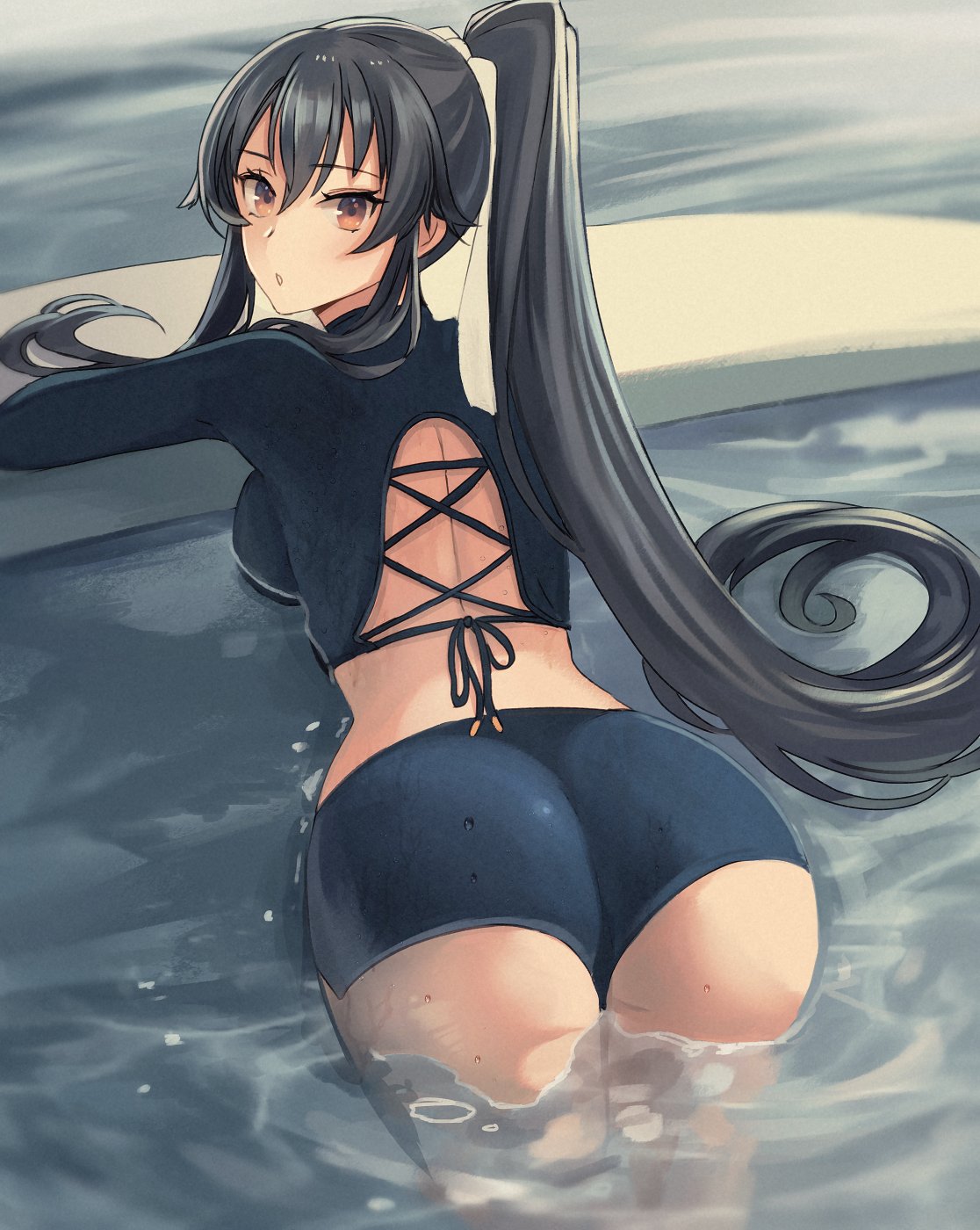 1girls alternate_costume ass black_hair blush breasts brown_eyes eyebrows_visible_through_hair female hair_between_eyes highres kantai_collection kasumi_(skchkko) large_breasts long_hair long_sleeves looking_at_viewer looking_back parted_lips partially_submerged ponytail solo water yahagi_(kantai_collection)