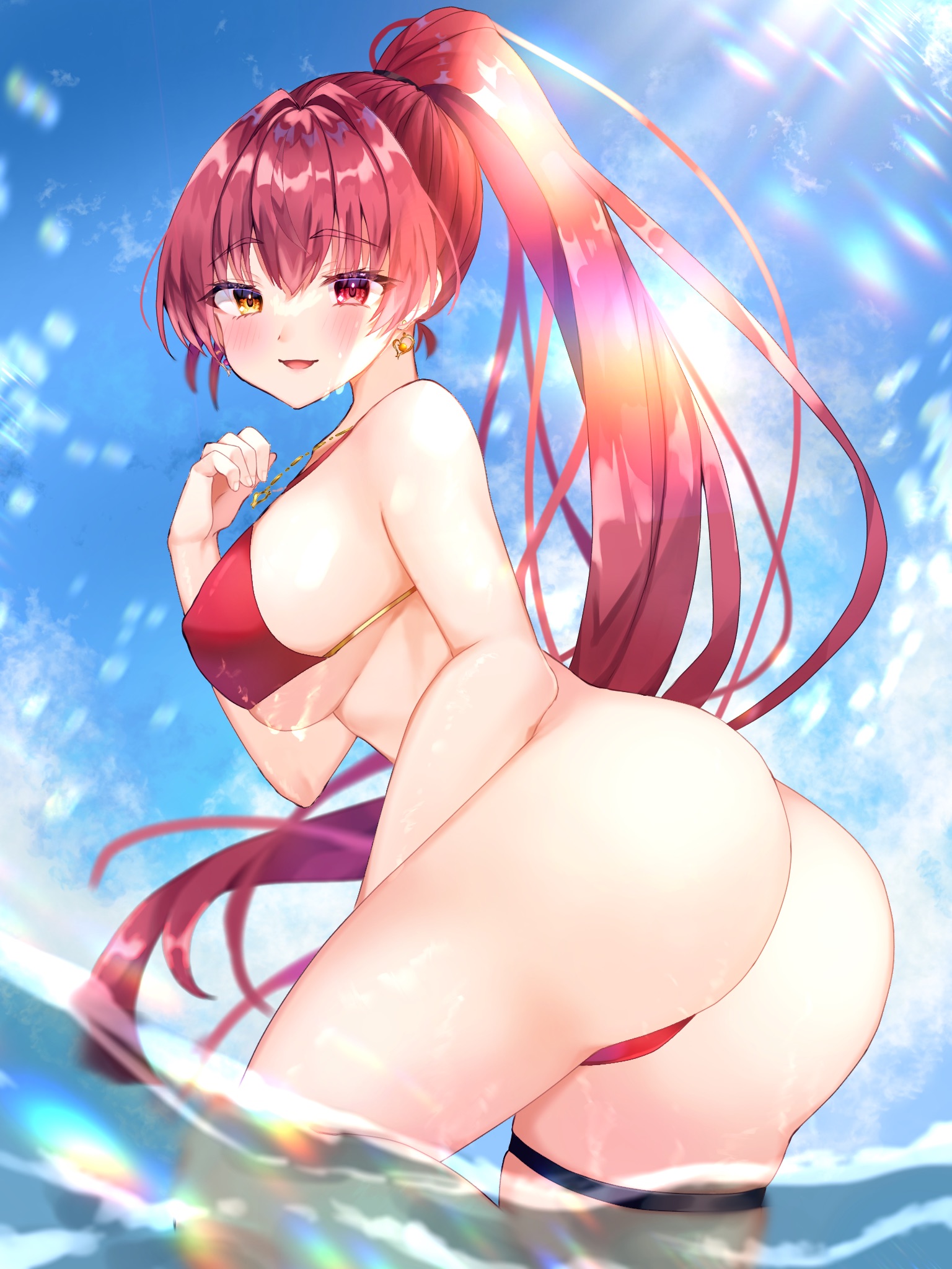 ass, ass focus, big ass, big breasts, bikini, blush, breasts, earrings, eyebrows visible through hair, female, heterochromia, hololive, hololive fantasy, hololive japan, houshou marine, looking at viewer, looking back, partially submerged, red bikini, red bikini bottom, red bikini top, red eye, red hair, sideboob, sino rameko, sky, sunlight, tagme, virtual youtuber, water, yellow eye