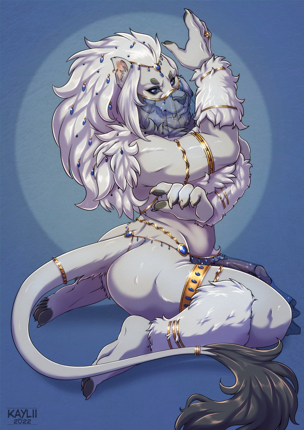 1boy 2022 5_fingers 5_toes accessory anklet anthro armlet ass barefoot bottomwear claws digit_ring erection fangs feet felid finger_claws finger_ring fingers fur furgonomics furry genitals harem_jewelry harem_outfit highres hindpaw humanoid_hands jewelry kaylii kneeling lion loincloth male mammal mane pantherine paws penis ring see-through signature skimpy solo tagme tail_accessory tail_jewelry tail_ring tail_tuft toe_claws toes tuft veil white_fur white_hair white_mane