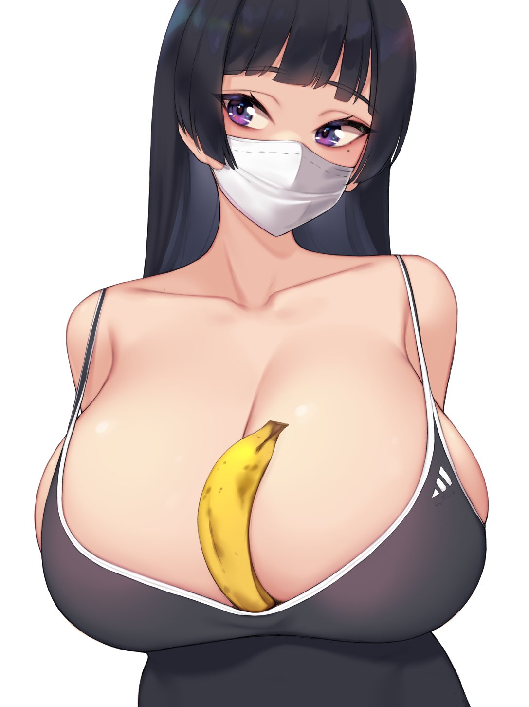 1girls 2022 arms_behind_back banana beauty_mark big_breasts black_hair black_swimsuit breasts bust_portrait cleavage competition_swimsuit female female_only food fruit hime_cut huge_breasts kuavera long_hair mask mole_under_eye object_between_breasts one-piece_swimsuit original original_character purple_eyes simple_background slim_waist swimsuit white_background