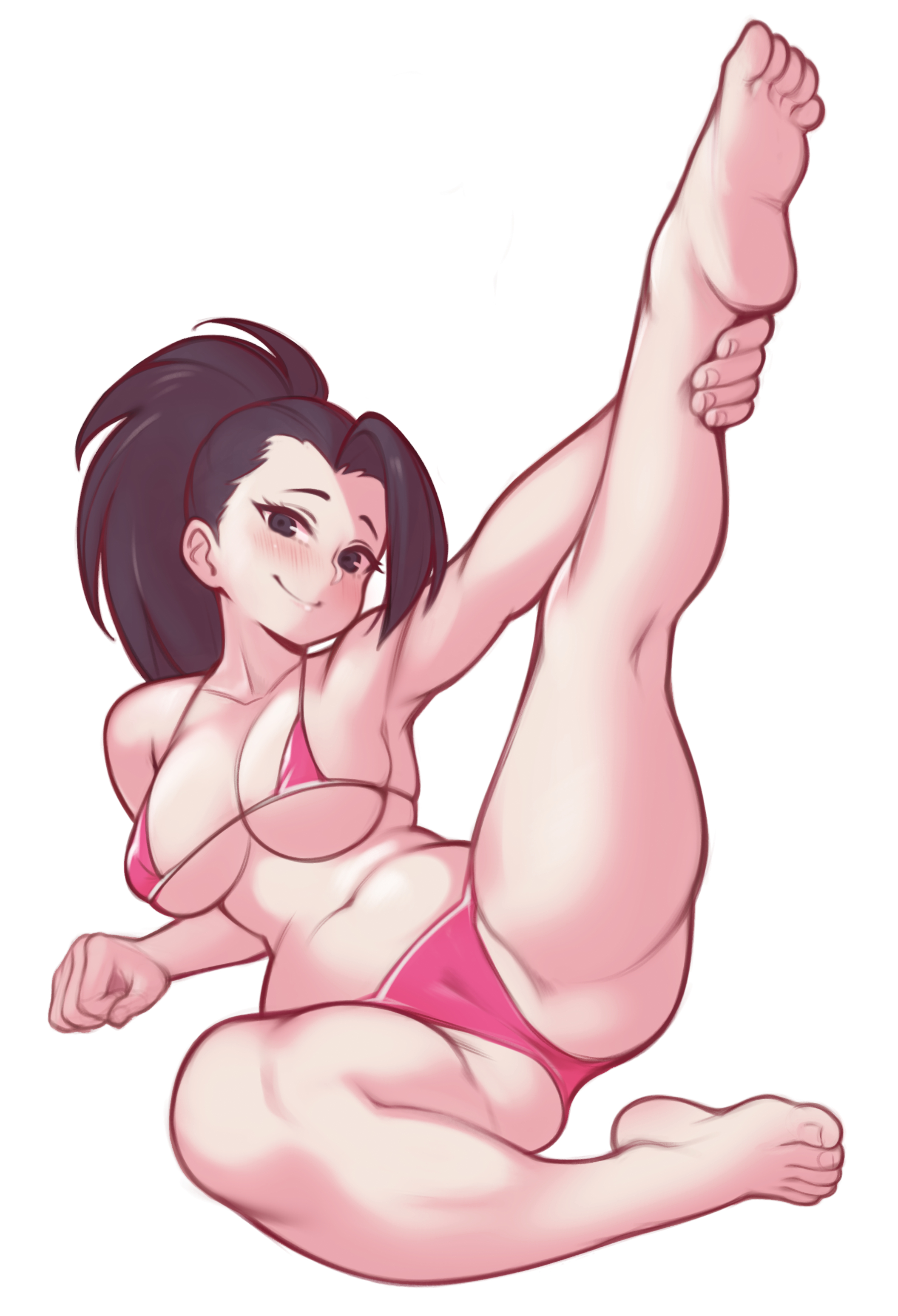 1girls, ass, ass visible through thighs, bangs, barefoot, bikini, black eyes, black hair, blush, breasts, cameltoe, feet, female, holding leg, large breasts, leg lift, leg up, lentiyay, looking at viewer, lying, momo yaoyorozu, my hero academia, panties, pink bikini, pink panties, ponytail, pose, posing, pussy, simple background, smile, sole, soles, solo, spread legs, stretching, tied hair, toes, white background, yoga