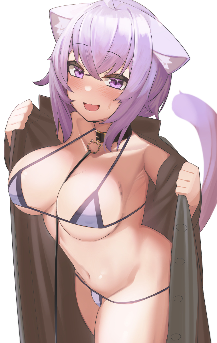 1girls 2022 animal_ears bangs bikini blush breasts cat_ears cat_tail cleavage coat collar exhibitionism eyebrows_visible_through_hair female female_focus female_only highres hololive hololive_gamers hololive_japan leash looking_at_viewer micro_bikini navel nekomata_okayu open_clothes open_coat purple_eyes purple_hair reward_available solo solo_female sweat swimsuit tail tostos virtual_youtuber