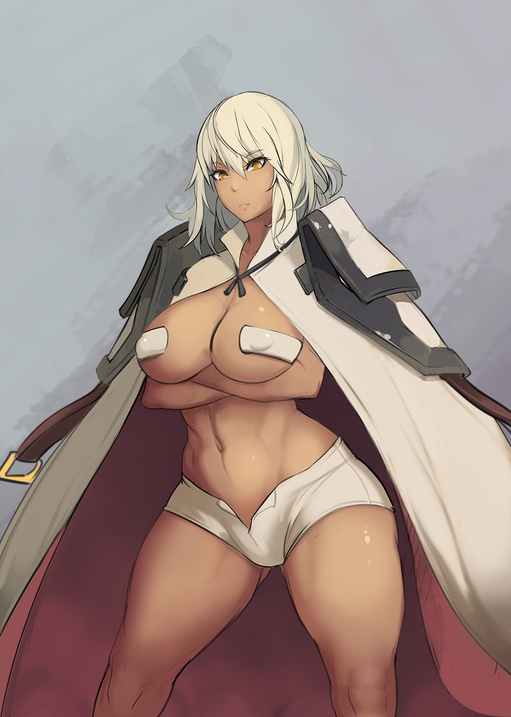 1girls, alternate breast size, big breasts, blonde hair, breasts, brown eyes, cleavage, coat, covered nipples, crossed arms, curvy, dark skin, dark-skinned female, female, guilty gear, guilty gear xrd, highres, huge breasts, large breasts, long hair, looking at viewer, metal owl, navel, nipple bulge, no hat, no headwear, pasties, photoshop (medium), pout, ramlethal valentine, short shorts, shorts, solo, thick thighs, thighs, toned, wide hips