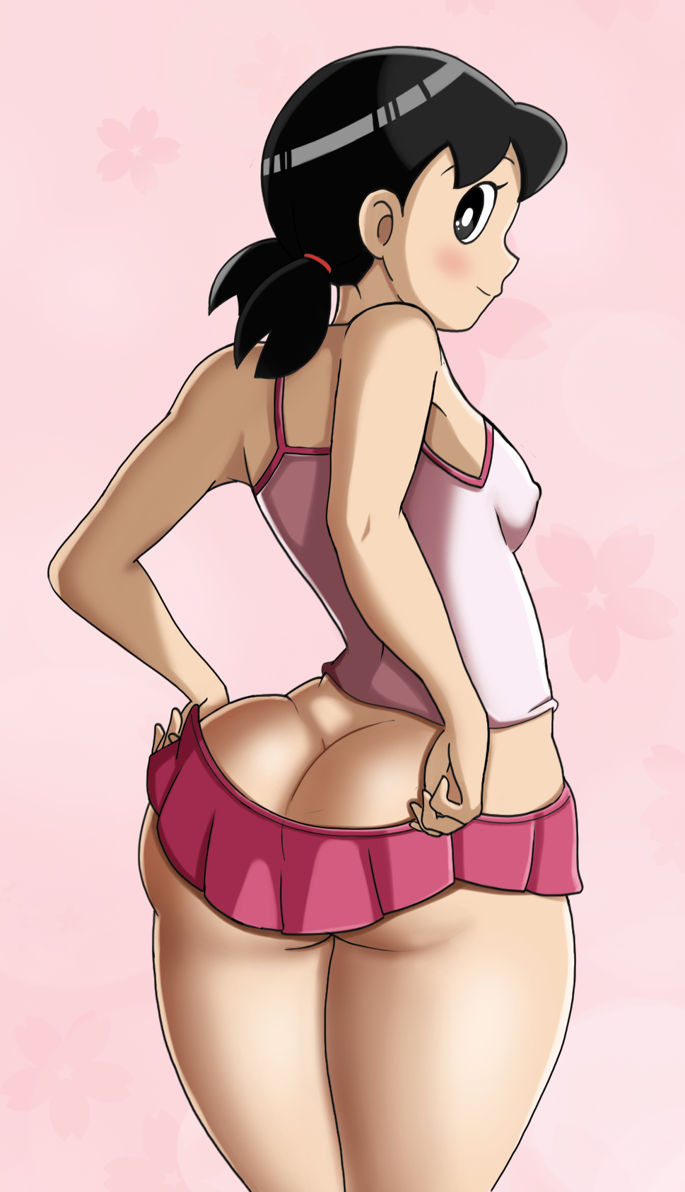 1girls ass_cleavage big_ass black_eyes black_hair blush breasts bubble_butt butt_crack dat_ass doraemon female female_only huge_ass looking_back low_twintails medium_breasts nipple_bulge no_bra no_panties petite pinup seductive seductive_smile sensual shizuka_minamoto sideboob skirt skirt_pull sleeveless smile solo teasing thick_thighs thighs tinybeasts undressing vn_simp younger_female