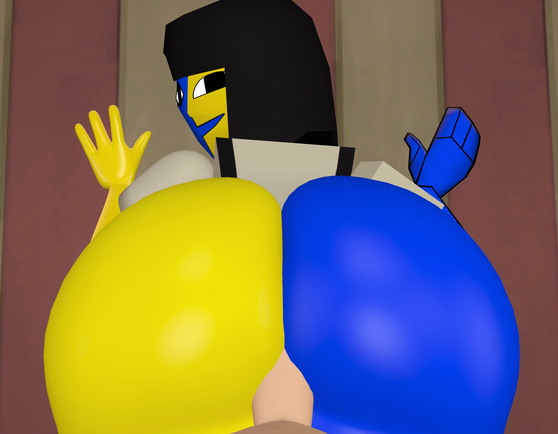 1boy, 1girls, 3d, against wall, ass, ass focus, black eyes, black hair, blue body, bottomless, ena, female, huge ass, joel g, looking at viewer, looking back, male, mr chazz80, multicolored body, pov, self upload, sex, source filmmaker, straight, yellow body