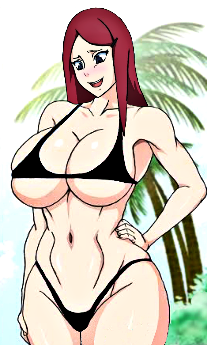 1girls, ass, big ass, big breasts, bikini, black bikini, black eyes, blush, breasts, female, huge ass, huge breasts, large ass, large breasts, looking down, naruho, naruto, naruto (classic), naruto (series), naruto shippuden, palm tree, red hair, shounen jump, solo, tagme, uzumaki kushina