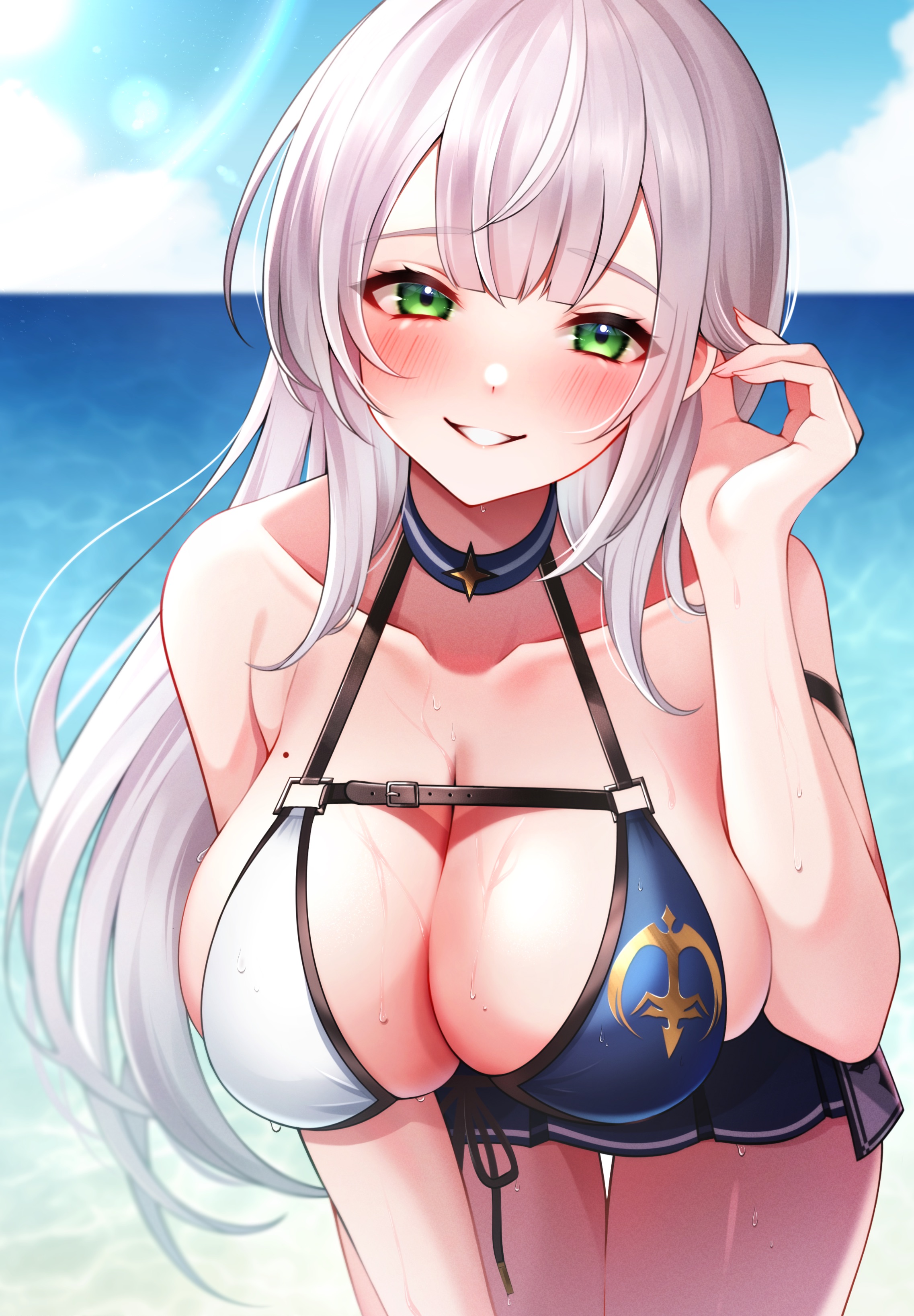 1girls, 2021, absurdres, bangs, beach, bent over, bikini, bikini skirt, blue sky, blunt bangs, blush, breasts, cleavage, cloud, collarbone, day, female, female focus, female only, green eyes, highres, hololive, hololive fantasy, hololive japan, large breasts, long hair, looking at viewer, mole, mole on breast, namagome negi, ocean, parted lips, raised eyebrows, shirogane noel, silver hair, sky, smile, solo, solo female, sunlight, swimsuit, teeth, very long hair, virtual youtuber