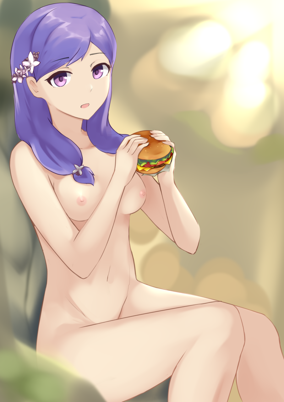 1girls breasts burger completely_nude eating female female_only fire_emblem fire_emblem:_path_of_radiance fire_emblem:_radiant_dawn food ilyana_(fire_emblem) long_hair nintendo nipples purple_eyes purple_hair small_breasts solo witchmyst