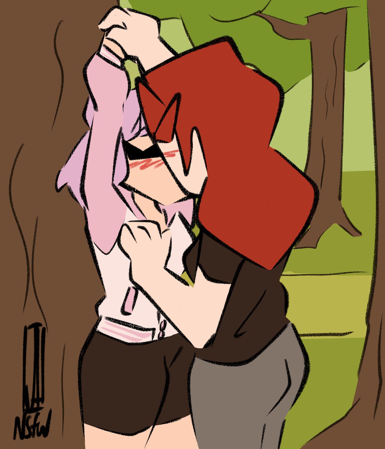 1boy bella_(nova) female forest forest_background grabbing_breasts joanna_nsfw_artz kissing nat_(riteliso) pinned pinned_to_wall public purple_hair red_hair shorts tree