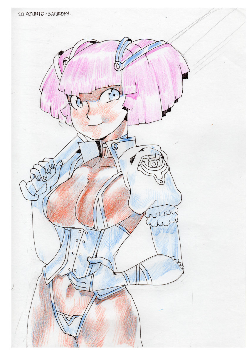 1girls bikini bikini_bottom bikini_top blue_eyes cleavage colored_pencil_(artwork) colored_sketch corset female_protagonist high_guardian_spice hips magi navel pink_hair revealing_clothes rosemary_(high_guardian_spice) solo_female sword thighs white_background