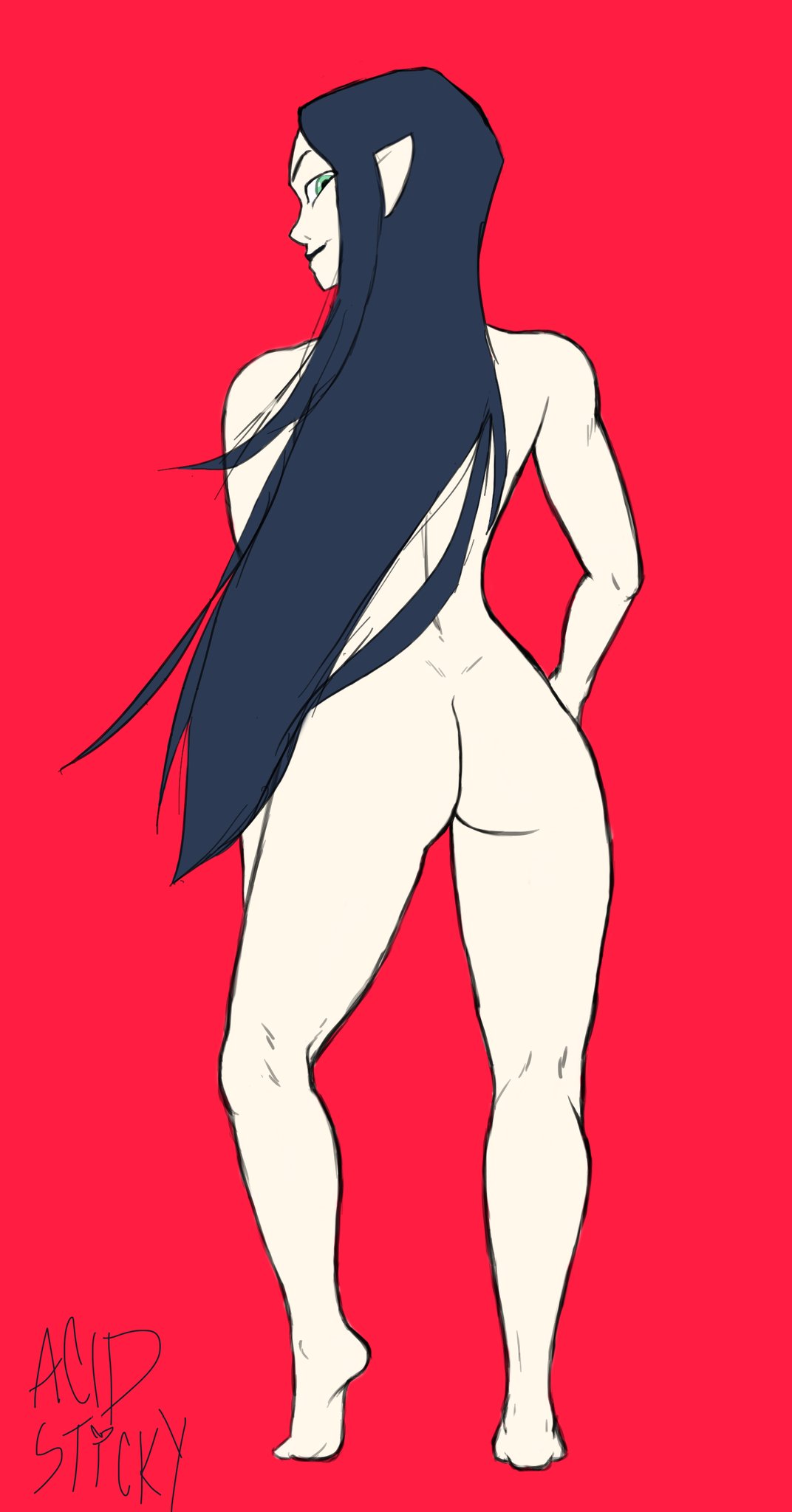 1girls acidsticky ass back_view barefoot disney disney_channel disney_xd full_body lilith_clawthorne long_hair looking_behind nude nude_female portrait red_background rough_sketch signature smiling_at_viewer smooth_skin solo solo_female the_owl_house