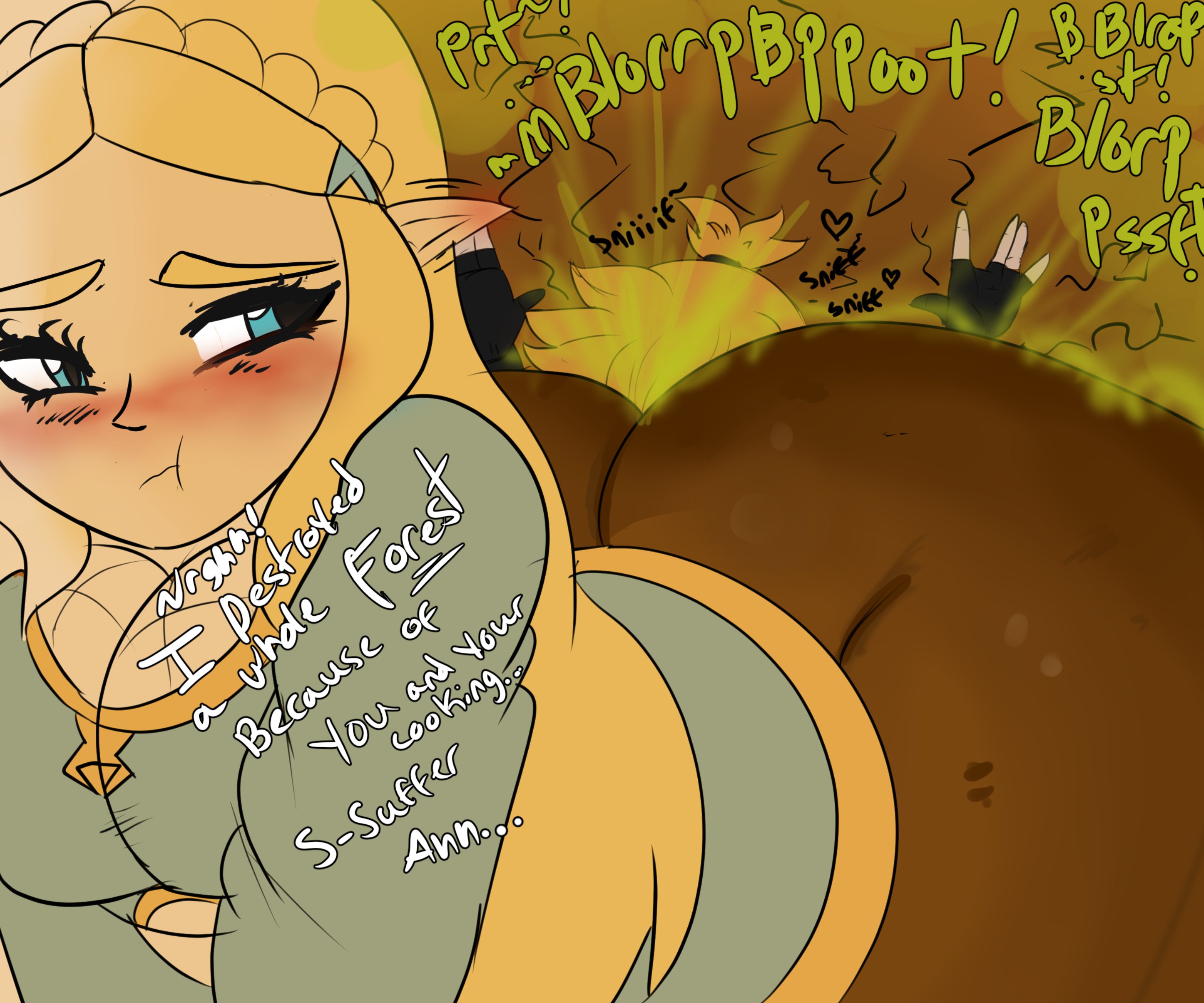 1boy, 1girls, ass, ass on face, ass sniffing, big ass, big butt, blonde hair, blue eyes, blush, brap, breath of the wild, butt sniffing, english text, enjoying farts, facesitting, fart, fart cloud, fart fetish, fart sniffing, farting, farting in face, female, hearts, leggings, link, link (breath of the wild), looking back, male, melissaalli, nintendo, pointy ears, princess zelda, sniffing ass, stinkface, struggling, text, the legend of zelda, thick thighs, voluptuous, zelda (breath of the wild)