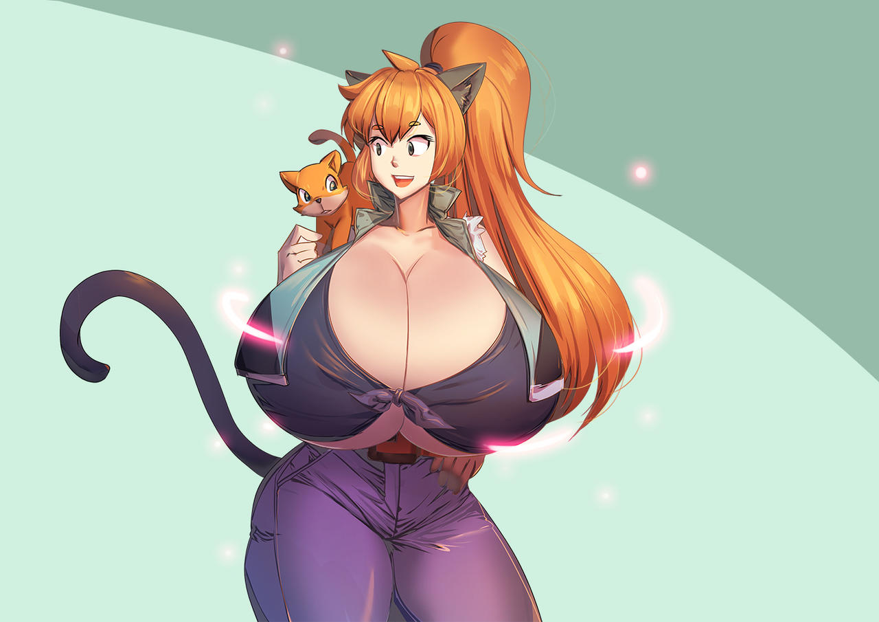 1girls 2020 aiya_(demonwolf202) bakki big_breasts breasts cat_ears cat_tail catgirl cleavage feline female female_focus huge_breasts large_breasts long_hair orange_hair ponytail solo solo_female solo_focus top_heavy underboob