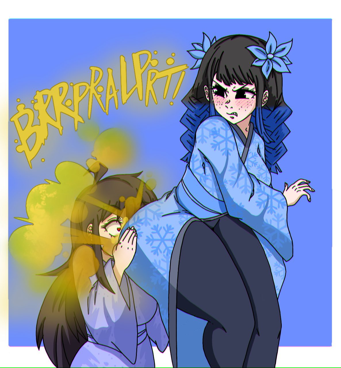 2girls ass_on_face big_ass blush blushing color colored dark_hair duo face_in_ass fart fart_cloud fart_fetish farting female female_only freckles kimono light-skinned_female light_skin long_hair multiple_girls snowflake_print tagme two_tone_hair voluptuous x_(artist)