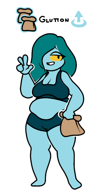 anthro blue_hair blue_skin chubbicherub chubby chubby_female enter_the_gungeon gameplay_mechanics hair holding junk shorts sports_bra standing synergrace tagme yellow_sclera