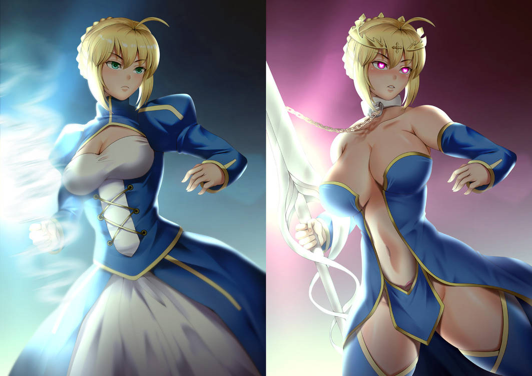1girls, artoria pendragon, artoria pendragon (lancer), before and after, belly, blonde hair, breasts, chain leash, chains, circlet, detached sleeves, fate (series), fate/grand order, female, haryudanto, heart-shaped pupils, huge breasts, hypnosis, mind control, navel, purple eyes, revealing clothes, saber, short hair, slave, slave collar, slave outfit, sword, voluptuous