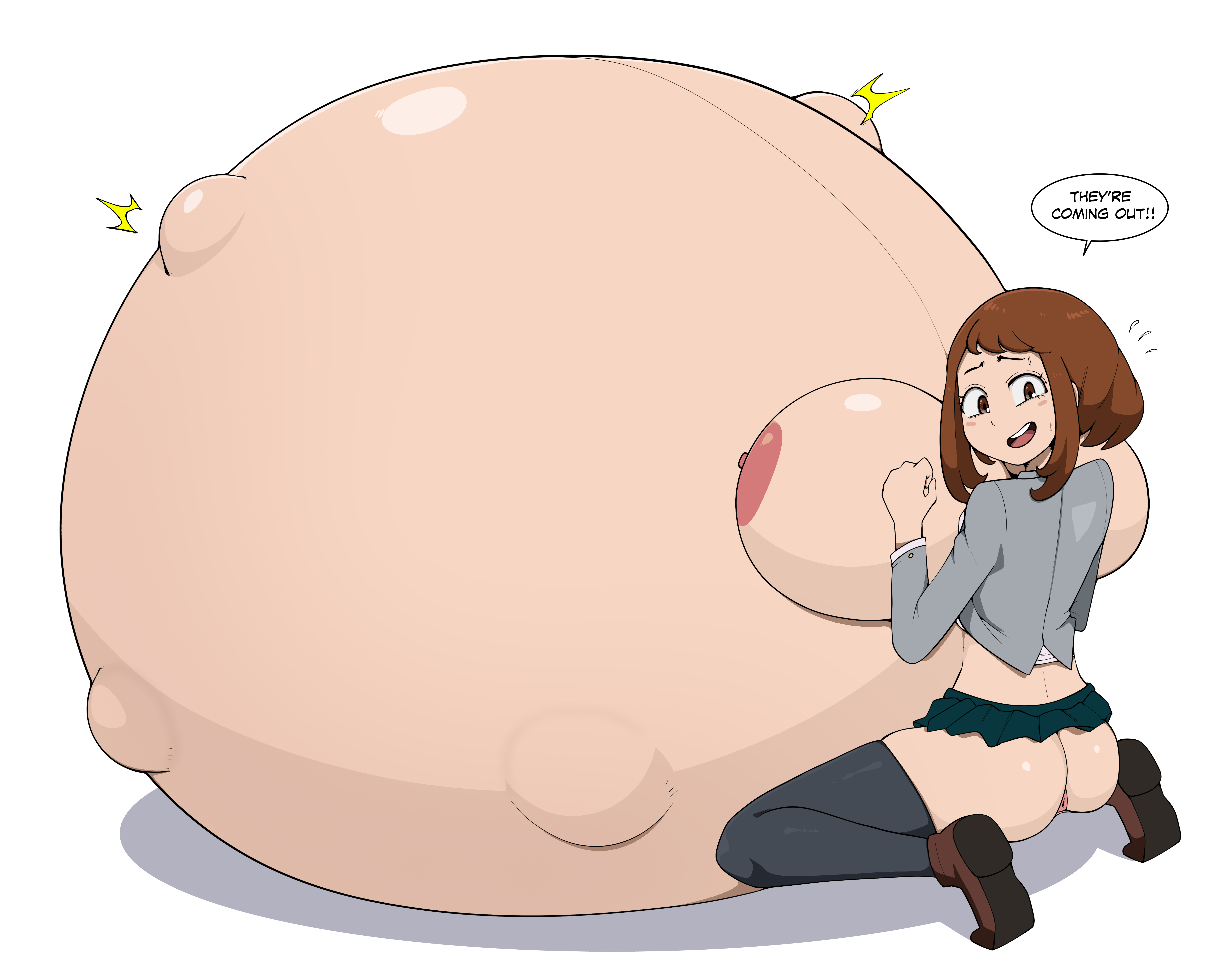 1girls, alternate version available, ass, big ass, big belly, big breasts, blush, breasts, brown eyes, brown hair, english text, female, female only, fetal movement, huge belly, huge breasts, hyper, hyper belly, hyper pregnancy, light skin, light-skinned female, my hero academia, ochako uraraka, pregnant, school uniform, short hair, solo, solo female, squatting, tagme, text, zeruxu