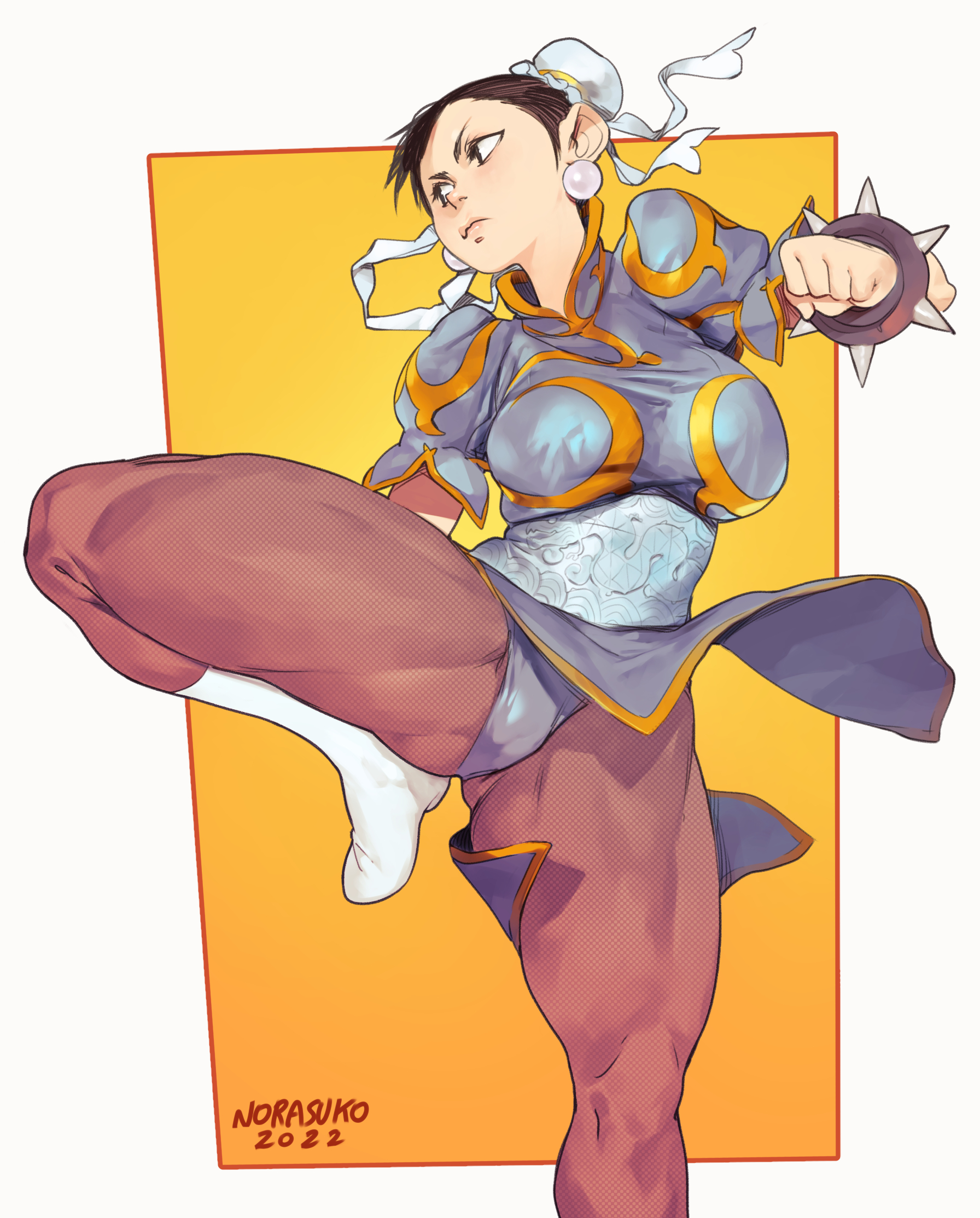 1girls, bent leg, black eyes, black hair, boots, bun cover, capcom, chinese clothes, chun-li, female, female only, hair bun, hi res, leg up, muscular, muscular thighs, norasuko, pantyhose, pose, solo, solo female, spiked bracelet, standing on one leg, street fighter