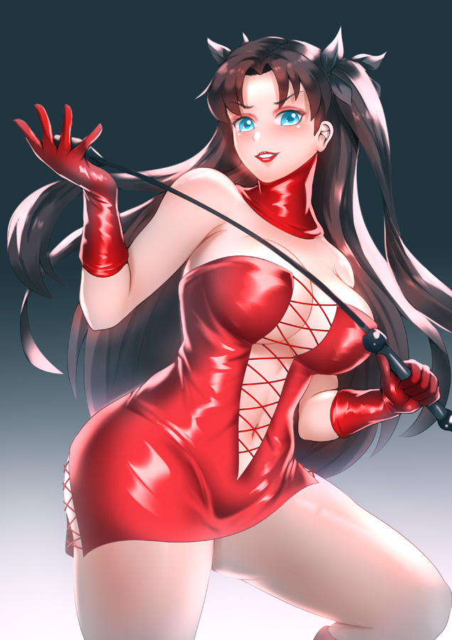 1girls 2d 2d_(artwork) alternate_breast_size alternate_costume blue_eyes breasts dominatrix fate/stay_night fate_(series) female female_focus female_only gloves haryudanto hi_res highres holding_riding_crop imminent_bdsm imminent_domination large_breasts latex_dress latex_gloves leather_clothing lipstick long_hair long_twintails plunging_neckline red_dress red_gloves red_latex red_latex_armwear red_lips red_lipstick riding_crop rin short_dress solo solo_female solo_focus tohsaka_rin twintails