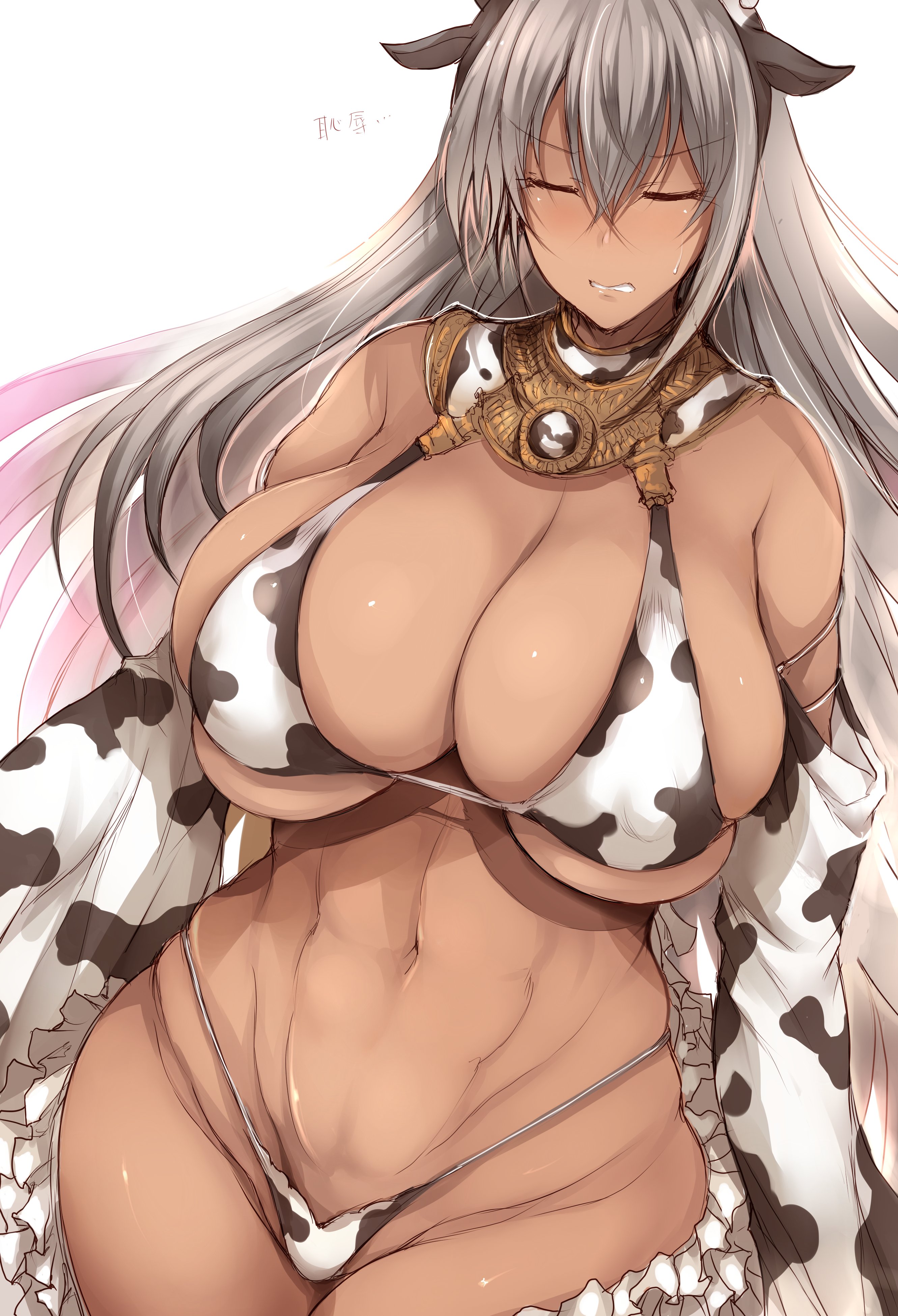 1girls, 2022, abs, athletic, athletic female, barely clothed, barely contained, belly button, breasts, brown skin, cleavage, clenched teeth, closed eyes, cow ears, cow print, cow print armwear, cow print bikini, detached sleeves, embarrassed, fate (series), fate/grand order, female, female only, hips, huge breasts, long hair, massive breasts, simple background, tan, tanned skin, thick thighs, thighs, tsukasawa takamatsu, white background, white hair, wide hips, zenobia (fate)