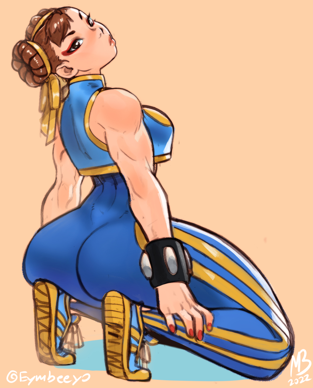 1girls, ass, black eyes, bodysuit, bracelets, brown hair, capcom, chun-li, eyeliner, eymbee, female, female only, fully clothed, hair bun, hair buns, kneeling, looking at viewer, red fingernails, solo, solo female, spiked bracelet, street fighter, street fighter alpha, thick thighs, tiptoes