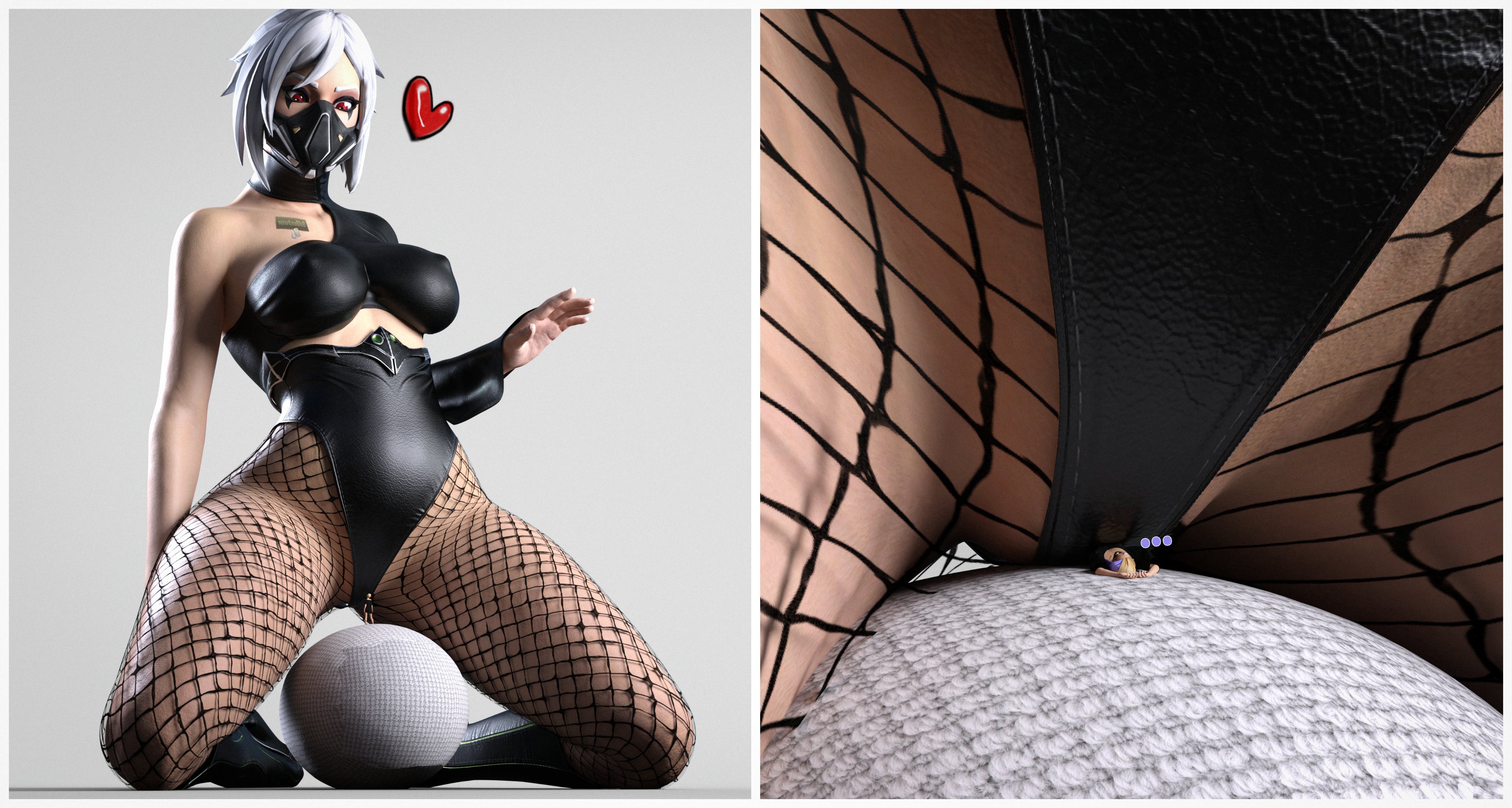 2girls, 3d, catalyst (fortnite), female, fishnets, fortnite, giantess, hush (fortnite), leotard, mask, wotm8h8