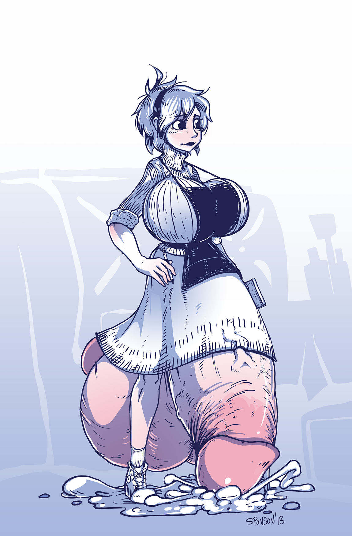 balls, breasts, cum, cum puddle, futanari, huge balls, huge breasts, huge cock, huge testicles, intersex, penis, pwcsponson, tagme, testicles, waitress, waitress uniform