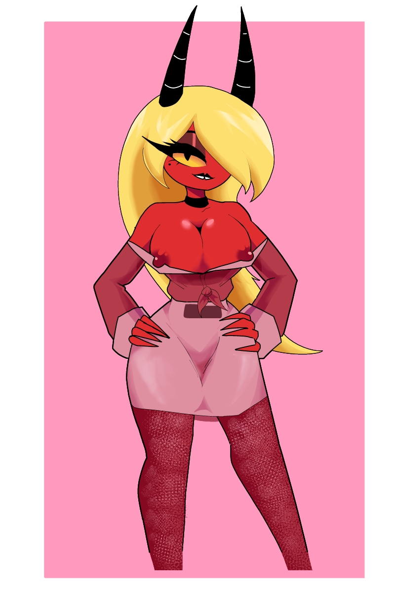 2021, areola, blonde hair, breasts, carliabot, demon, female, fingers, hair, hair over eye, helluva boss, hi res, horn, imp, looking at viewer, millie (helluva boss), nipples, one eye obstructed, red body, red skin, solo, yellow sclera