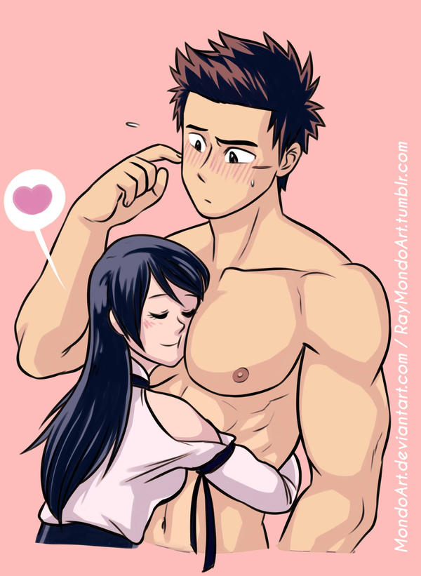 1boy 1girls abs big_pecs blush canon_couple chest couple cute female half_naked heart hug hugging love male male/female mondoart muscular_male pecs pink_background raeyr romantic romantic_ambiance scar smile smiling straight tan_skin wholesome yva