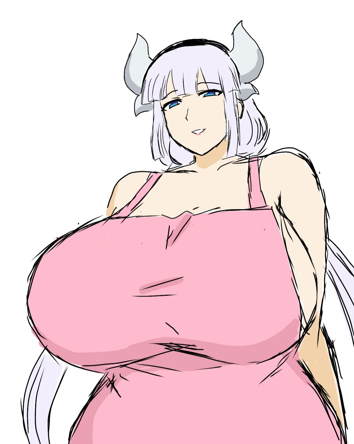 aged up, apron, breasts, female, huge breasts, hyper, kanna kamui, miss kobayashi's dragon maid, momiji (artist), silver hair, tagme, white hair