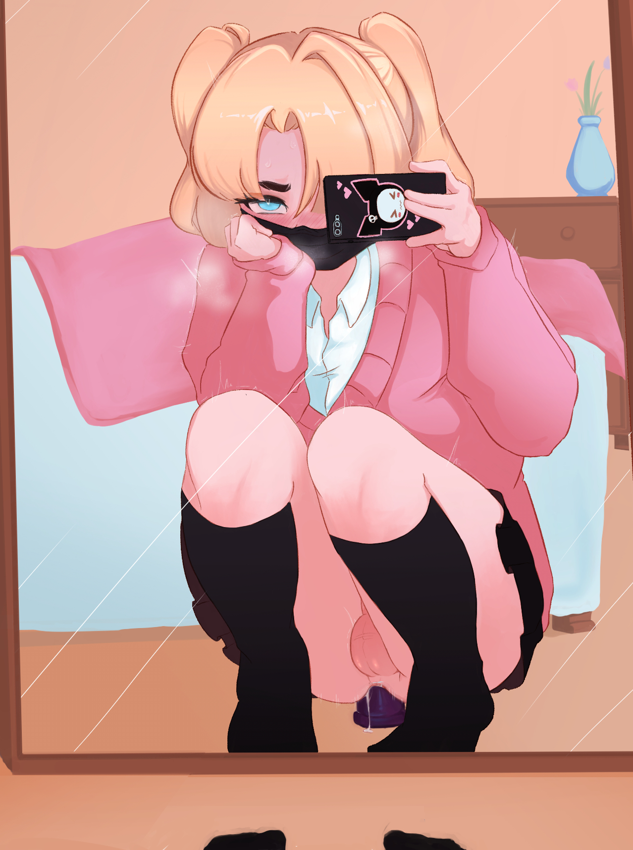 1boy, anal, anal insertion, anal masturbation, anal penetration, assbysmal, balls, bed, bedroom, black mask, blonde hair, blush, cardigan, crossdressing, cyan eyes, dildo, dildo in ass, dildo insertion, dildo sitting, femboy, girly, indoors, male, male only, mask, masked, masturbation, mirror, mirror selfie, mouth mask, original, original character, pink cardigan, selfie, sex toy, sex toy in ass, skirt, socks, solo, solo male, squatting, steamy breath, testicles, trap