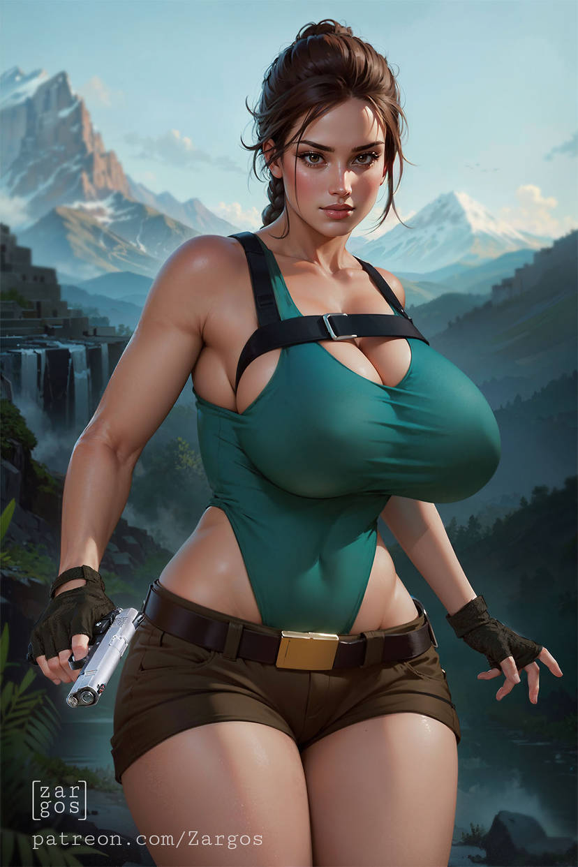 ai_generated belt big_breasts blue_shirt breasts brown_eyes brown_hair cleavage jungle lara_croft leotard long_hair short_shorts shorts thick_thighs tomb_raider zargos