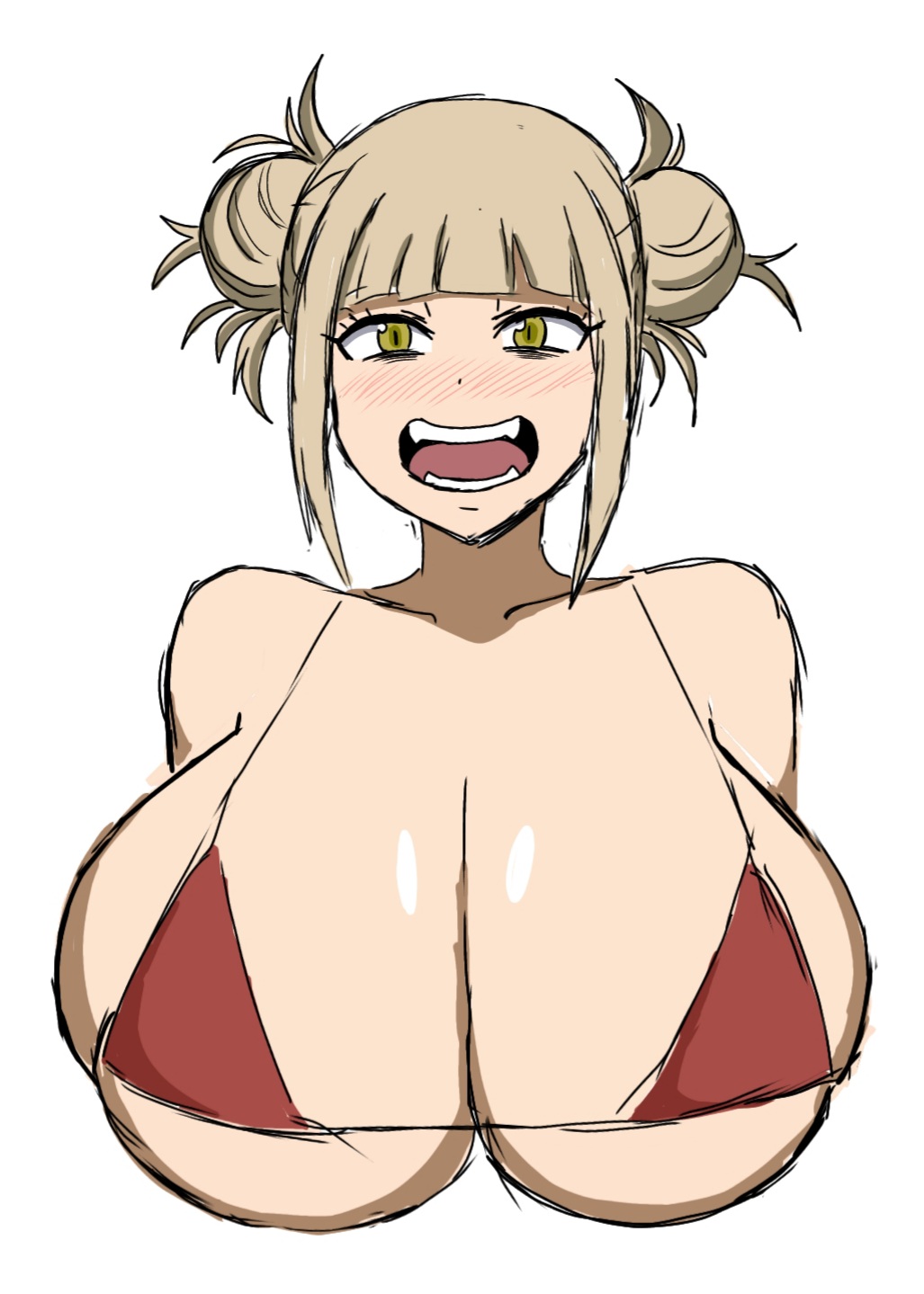 1girls bikini blonde_hair blush blushing blushing_at_viewer double_bun fangs female female_only hair_buns himiko_toga huge_breasts momiji_(artist) my_hero_academia red_bikini smile smiling smiling_at_viewer solo solo_female triangle_bikini yellow_eyes