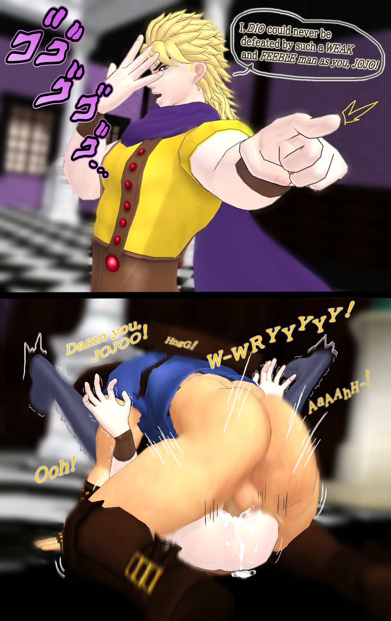 14_dicks anal_sex before_and_after bigger_penetrating_smaller cum cum_in_ass dio_brando english_text instant_loss jojo's_bizarre_adventure jonathan_joestar legs_up male/male male_only menacing_(jojo) mikumikudance mmd overflowing_cum penetration phantom_blood text thrusting thrusting_into_ass uncensored yaoi