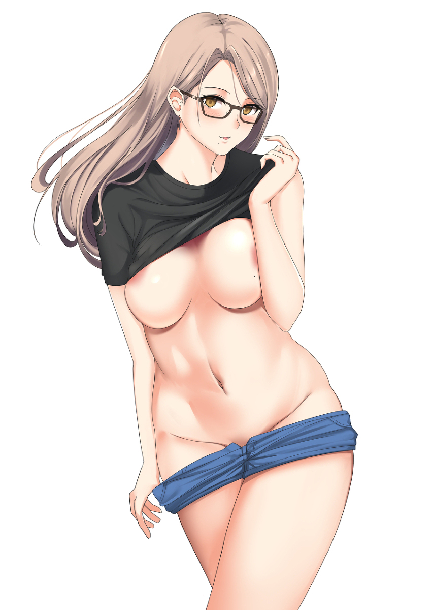 breasts clothing_lift glasses kauru00 looking_at_viewer navel original_character pants_pulled_down