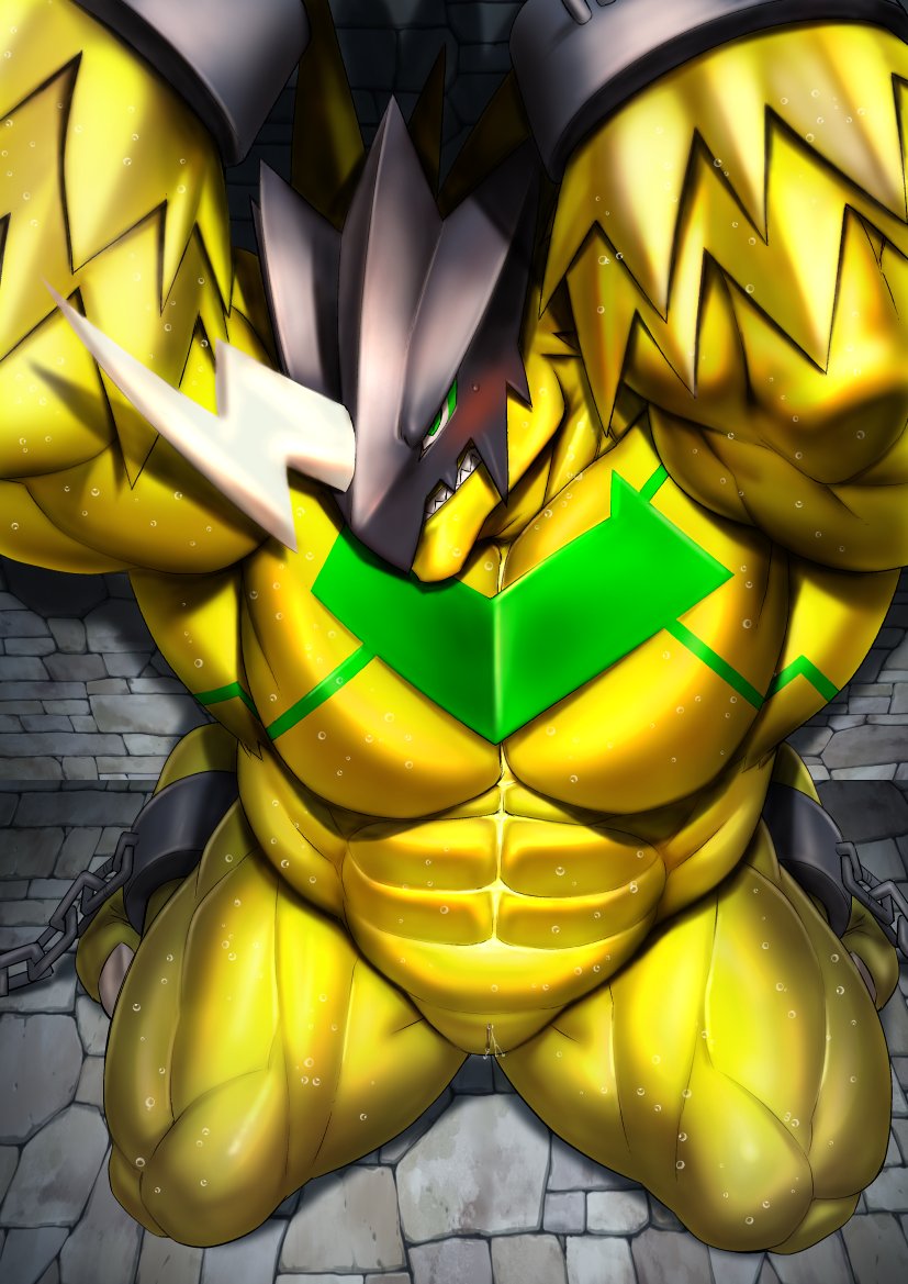 abs anthro armor bandai_namco big_muscles blush bodily_fluids bulkmon captured chained chains claws digimon dragon dungeon green_body green_eyes headgear helmet inside kneeling looking_at_viewer looking_up male mennsuke muscular muscular_anthro muscular_male muscular_thighs pecs slit slitfluid solo sweat sweaty_body teeth toe_claws yellow_body