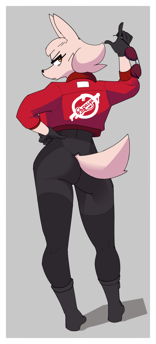 2020 alaska_(papayachan) amber_eyes anthro ass biker_jacket black_nose canine canine_humanoid female female_focus female_only glasses gloves grey_background hand_on_hip logo logo_on_clothes looking_at_viewer looking_back looking_back_at_viewer original original_character papayachan red_biker_jacket red_jacket solo solo_female standing sunglasses tagme tail white_body white_hair