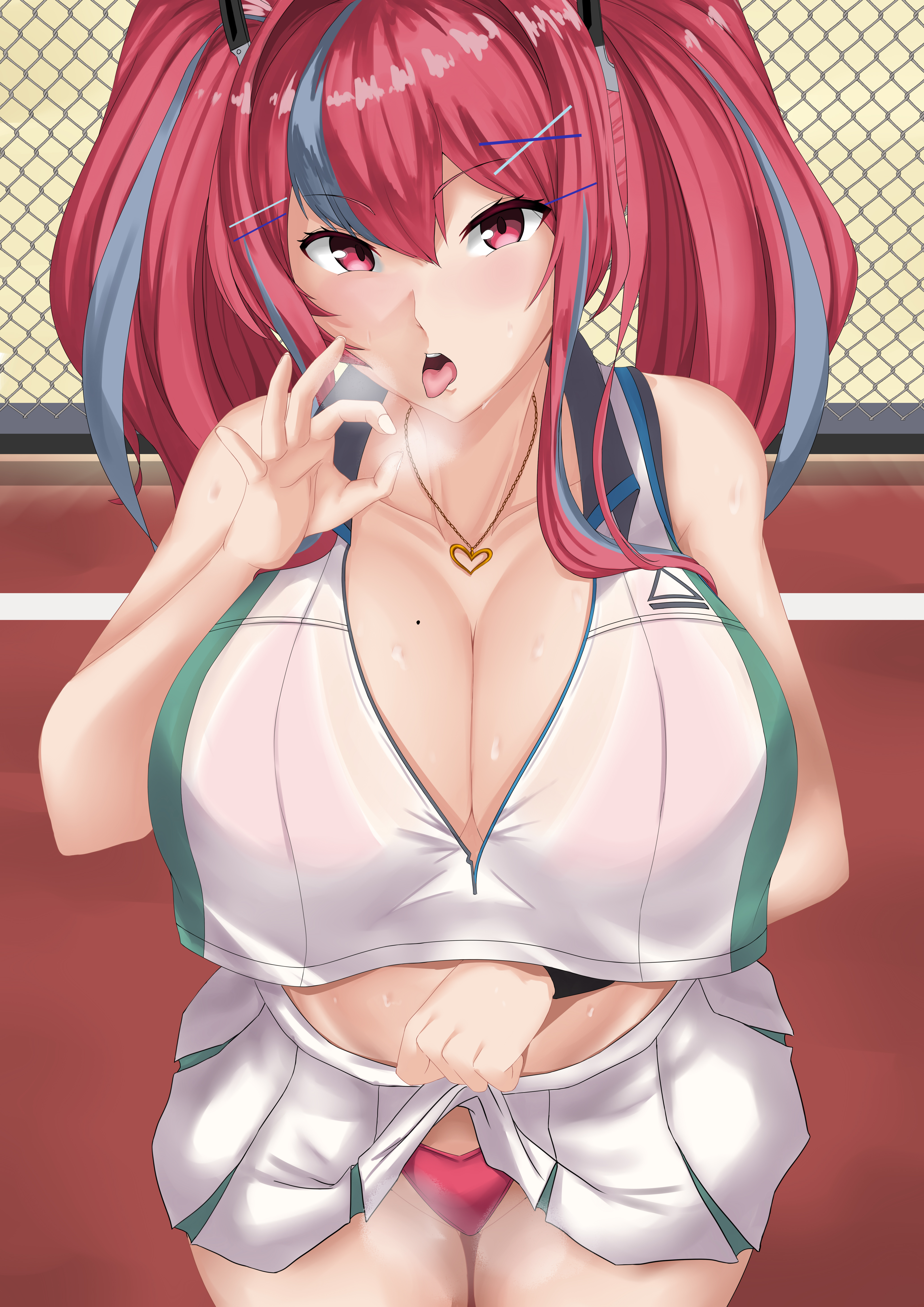 1girls, 2020, azur lane, bare shoulders, big breasts, breasts, bremerton (azur lane), bremerton (scorching-hot training) (azur lane), fellatio gesture, female, female focus, female only, hair clips, hairclip, lifted, lifted by self, lifting, lifting skirt, looking at viewer, midriff, mole, mole on breast, panties, pink panties, pussy, skirt, skirt lift, skirt up, solo, solo female, standing, steamy breath, steamy pussy, tongue, tongue out, twintails, warden (jadol 9)