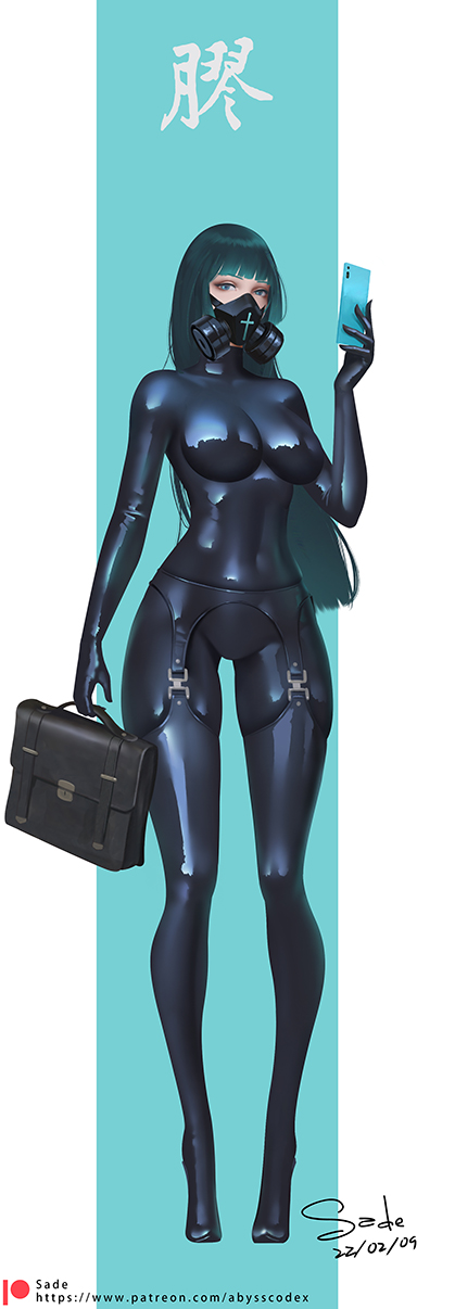 1girls alternate_version_available aqua_eyes aqua_hair bag bangs belly big_breasts black_bodysuit blue_background bodysuit breasts cellphone clothed clothing codexabyss curvaceous curvy digital_media_(artwork) female female_focus female_only garter_belt garter_straps gas_mask hair hi_res high_heels highres holding_bag holding_object holding_phone large_breasts latex latex_bodysuit latex_thighhighs light-skinned_female light_skin long_hair looking_at_viewer mask navel original original_character phone sade_abyss schoolgirl signature simple_background smile solo solo_female solo_focus standing thick_thighs thighhighs thighs tight_clothing watermark white_background