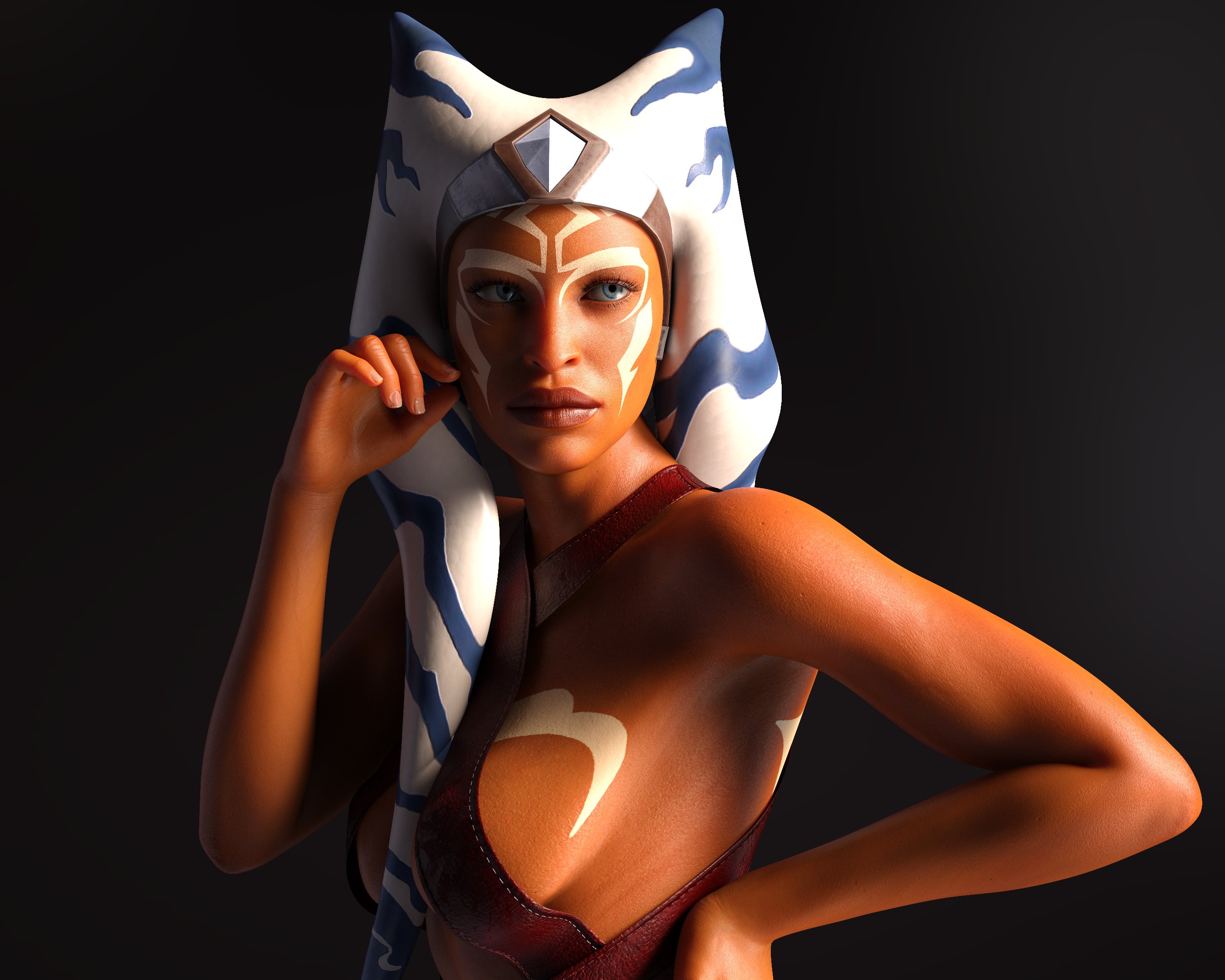 1girls, 2022, 3d, 3d (artwork), aged up, ahsoka tano, alien, alien girl, athletic, athletic female, big lips, blue eyes, breasts, celebrity, close-up, dark background, drinkerofskies, female, female only, female protagonist, fit, fit female, highres, jedi, looking away, mature female, milf, montrals, older, orange skin, questionable, revealing clothes, rosario dawson, sideboob, simple background, solo, star wars, star wars rebels, togruta